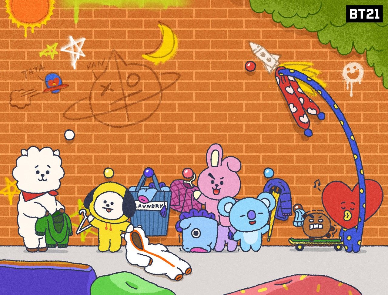 Personaggi BT21 su muro, 1280x973 720p, Monitor Gaming