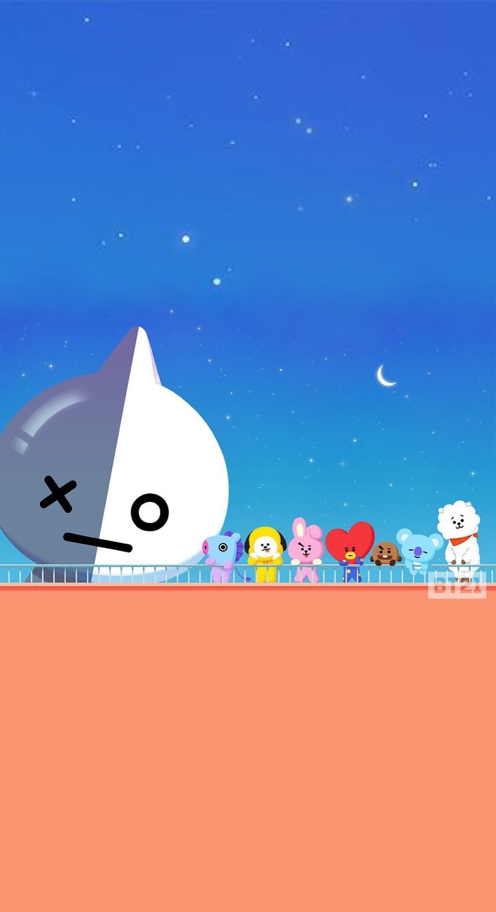 Personaggi BT21 su recinto notte, 979x1800 Verticale, Mobile