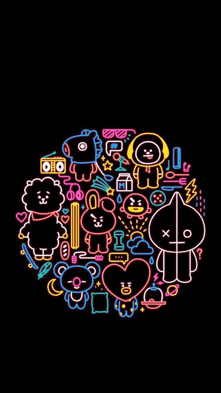 BT21 personaggi neon sfondo nero, 720x1280 Full HD Verticale, Smartphone