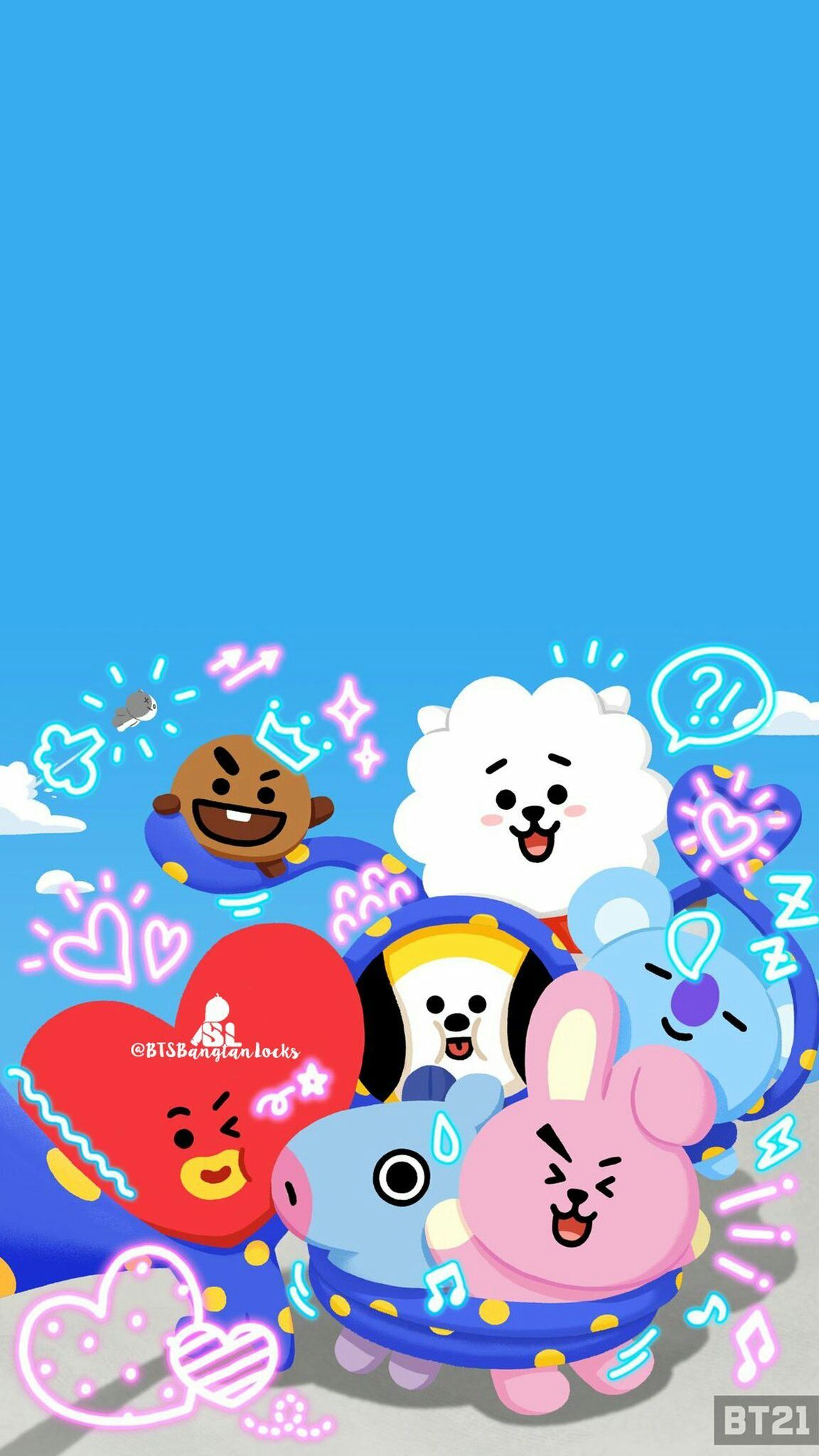 Personaggi BT21 sfondo blu, 1152x2048 Verticale, Android