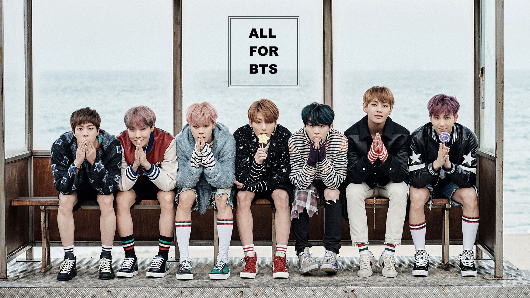 Gruppo BTS seduti panchina mare, gruppo K-pop, 1742x980 HD Ready, PC Desktop