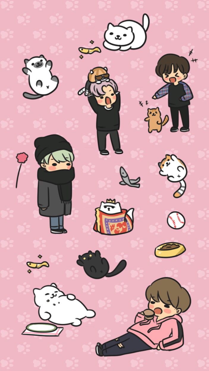 Personaggi BTS con gatti cartoon, gruppo K-pop, 703x1249 Verticale, Telefono