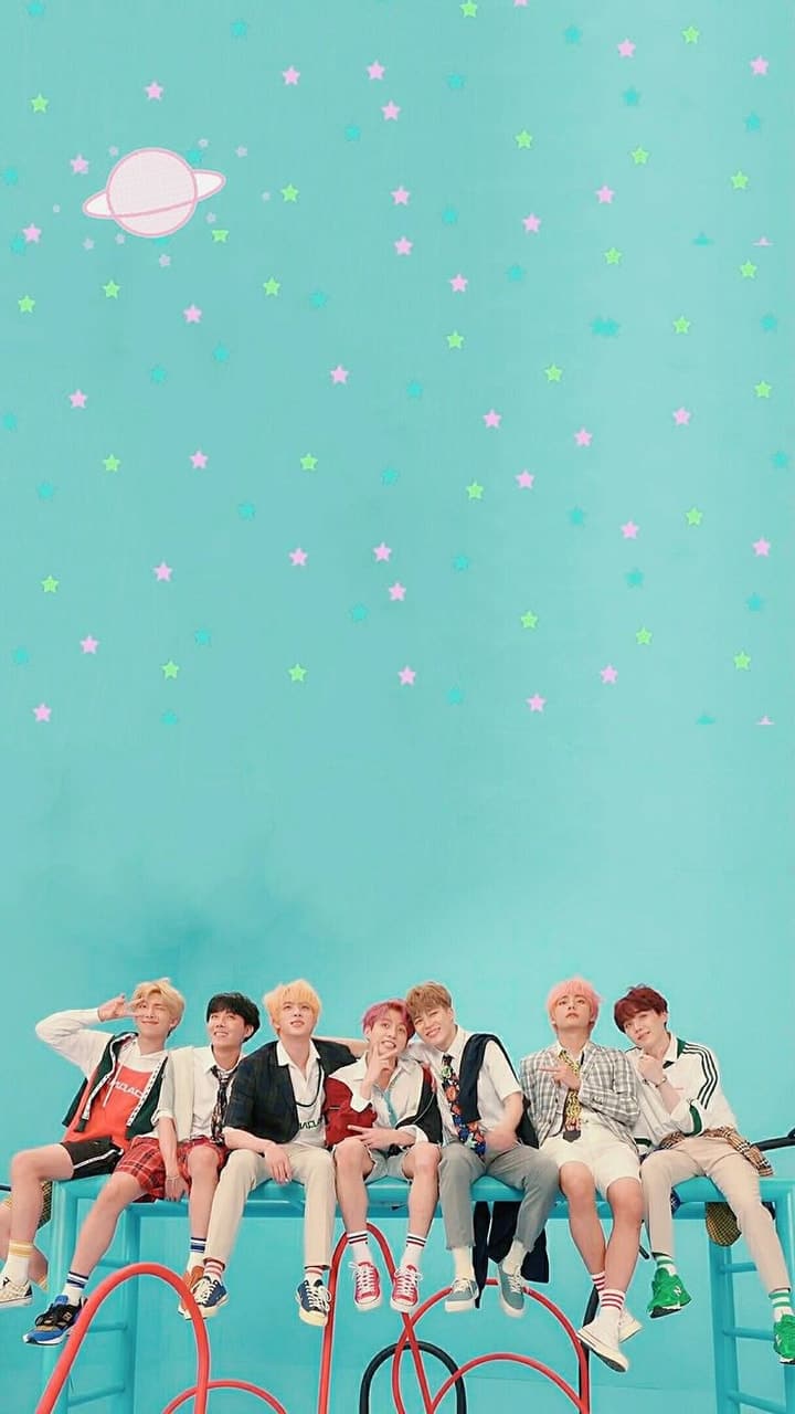 BTS gruppo seduto sfondo turchese, 720x1280 Full HD Verticale, iPhone