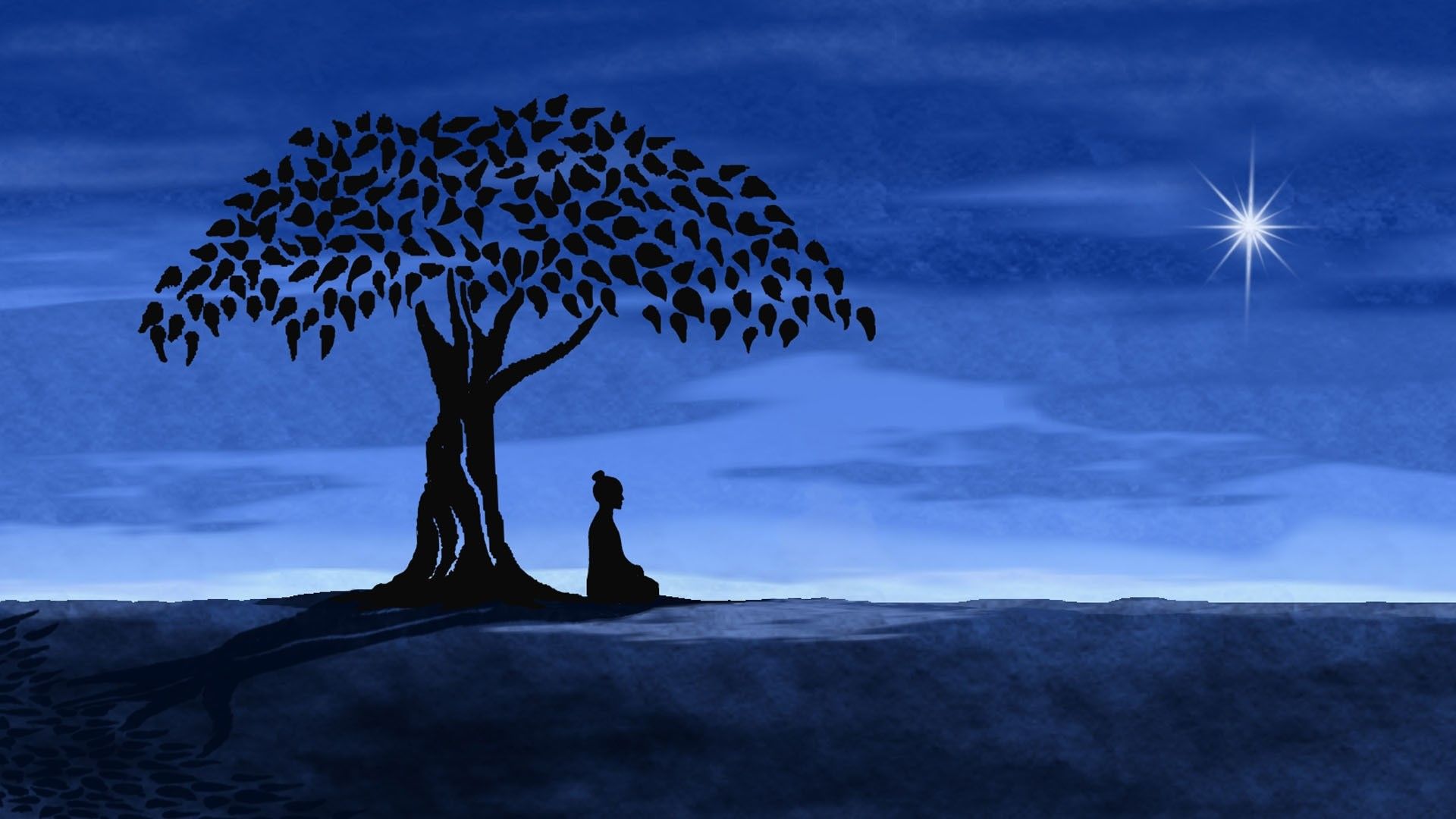 Buddha sotto albero, notte blu, 1920x1080 Full HD 1080p, PC Desktop