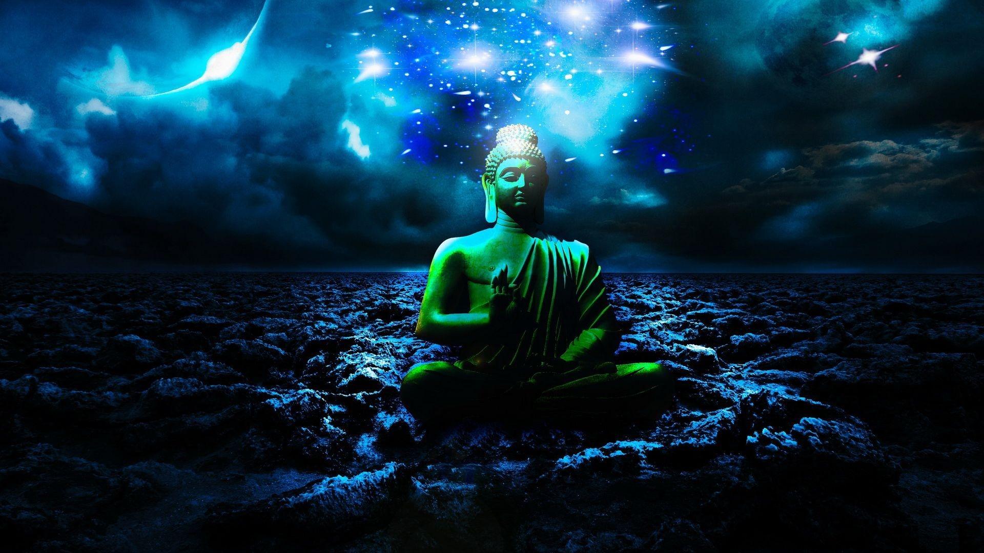 Statua Buddha luce blu notturna, 1920x1080 Full HD, PC Desktop