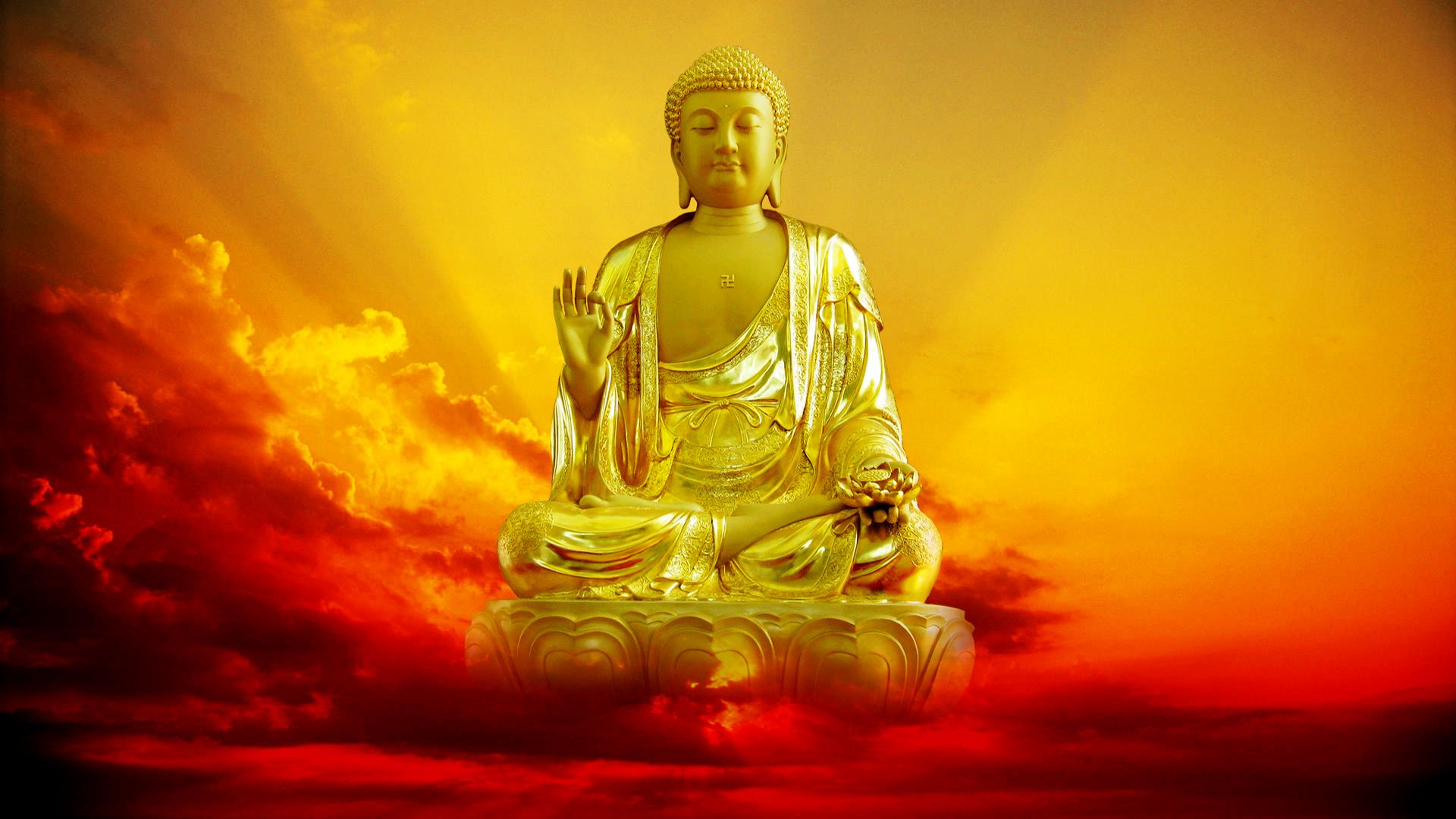 Statua Buddha dorata tra nuvole rosse, 1920x1080 Full HD 1080p, PC Desktop