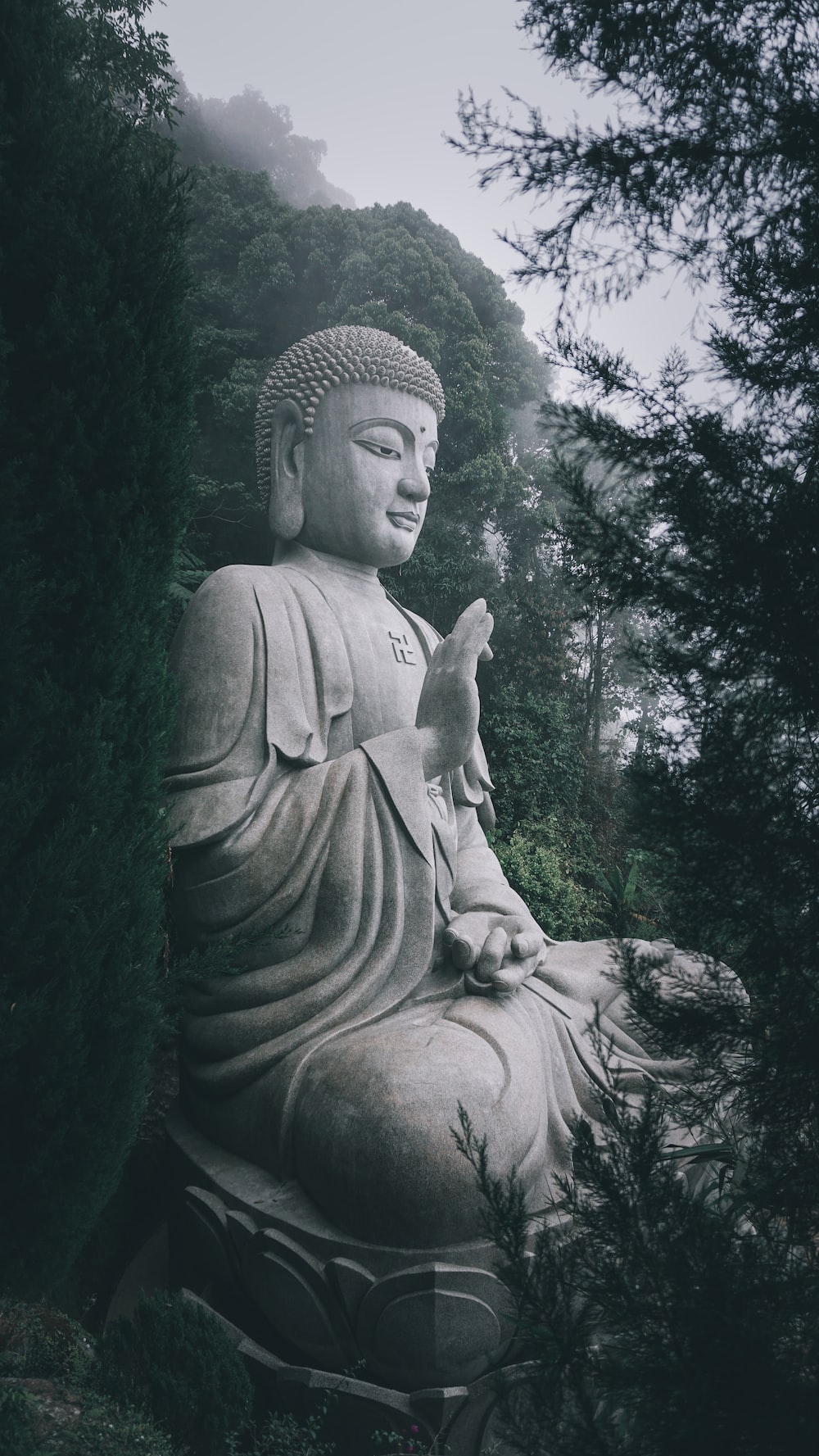 Statua di Buddha nella nebbia, 1000x1777 Verticale, Telefono