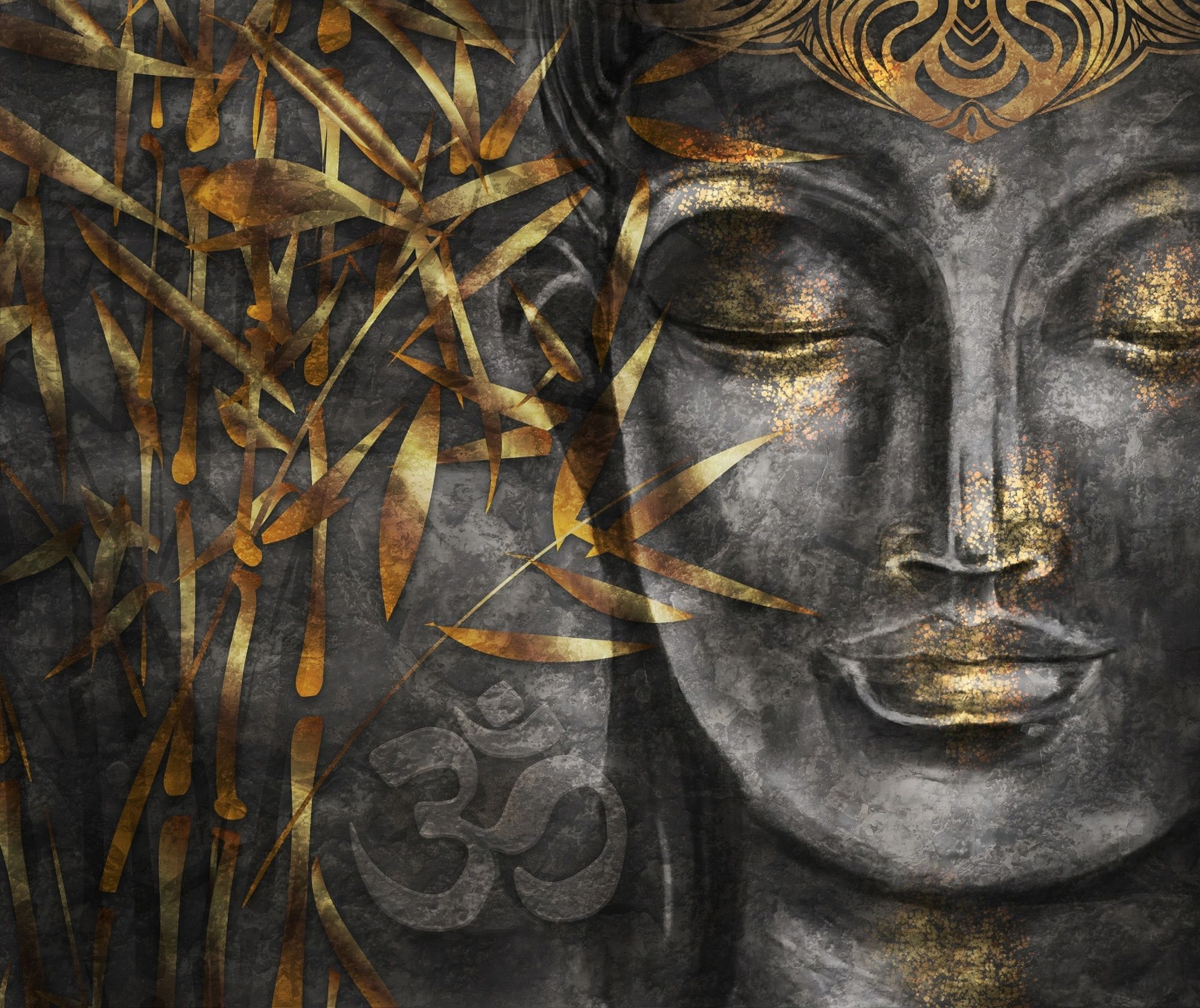 Buddha pietra con foglie dorate, 2000x1680 2K, PC