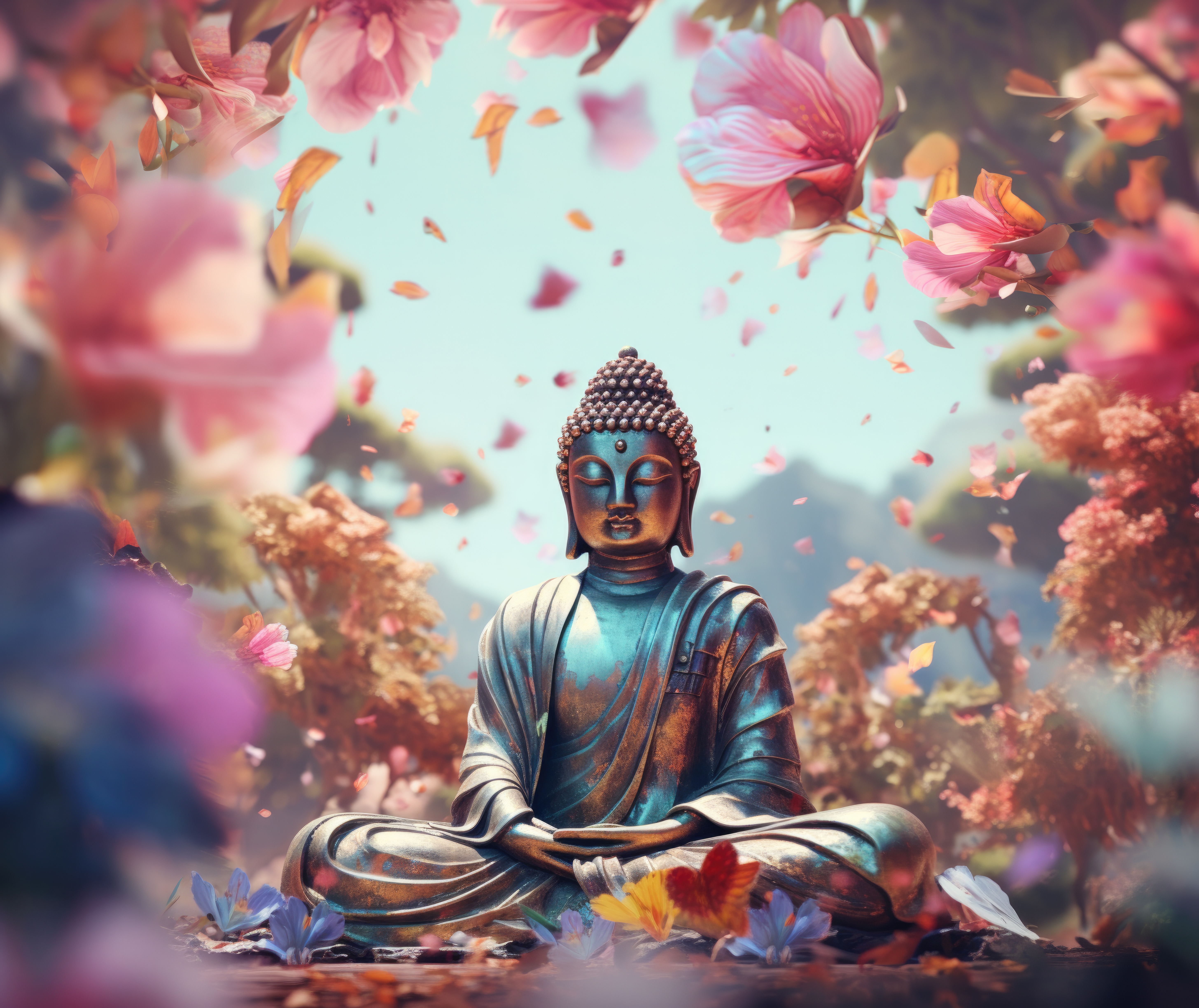 Statua Buddha con fiori rosa, 5824x4896 UHD, Monitor 4K