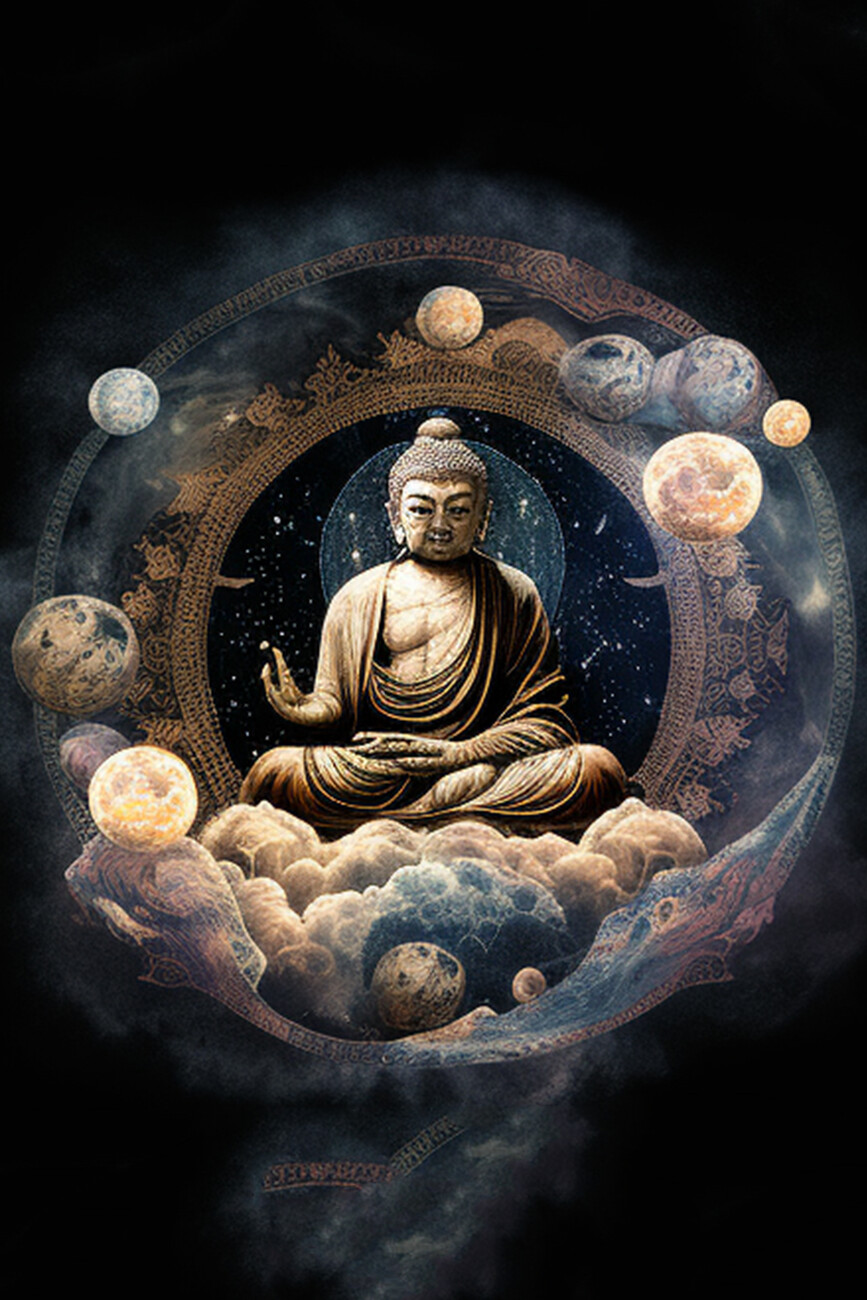 Buddha seduto tra pianeti, 867x1300 Verticale, Telefono