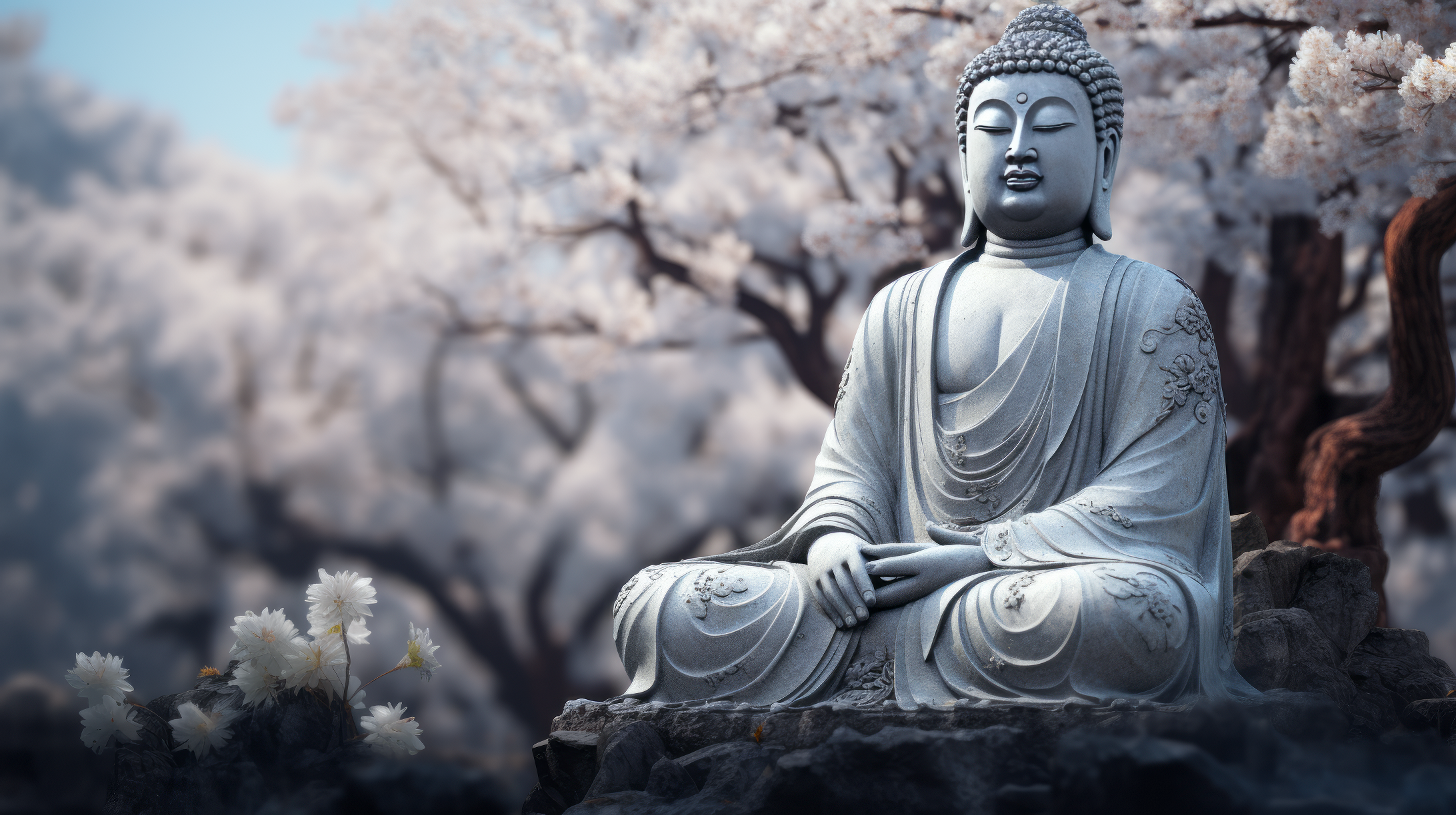 Statua Buddha fiori ciliegio, 2184x1224 2K, Desktop