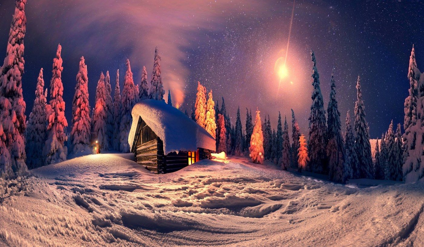 Capanna innevata di notte, 1400x815 HD, PC Desktop