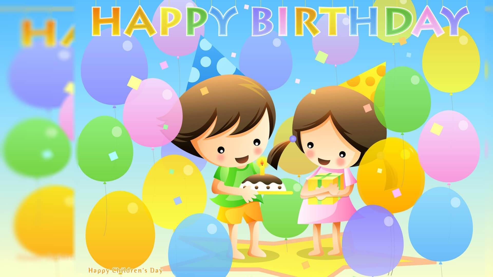 Bambini cartoon con torta e palloncini, 1920x1080 Full HD, PC