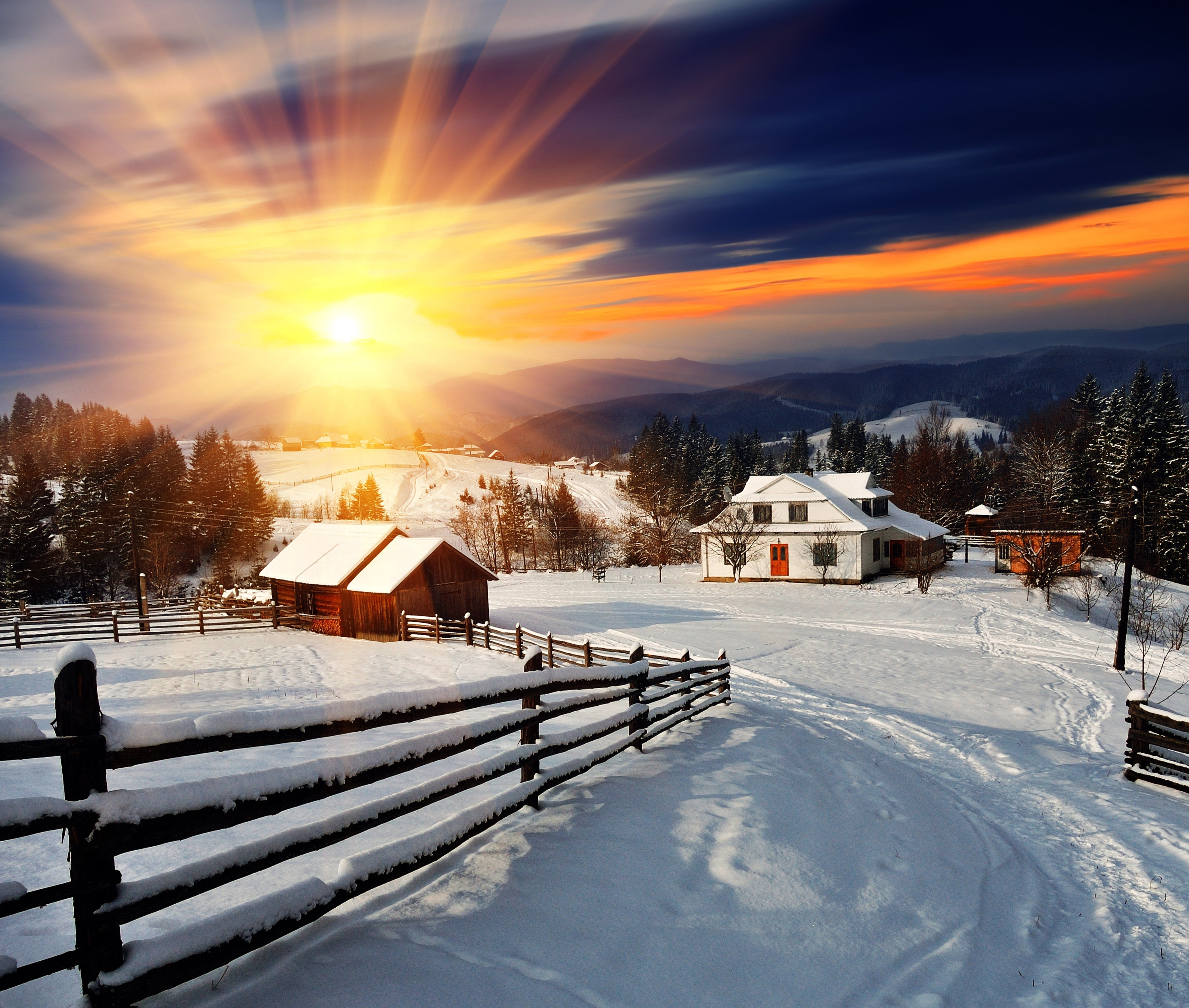 Casa di montagna innevata al tramonto, 5545x4700 4K, Desktop 4K