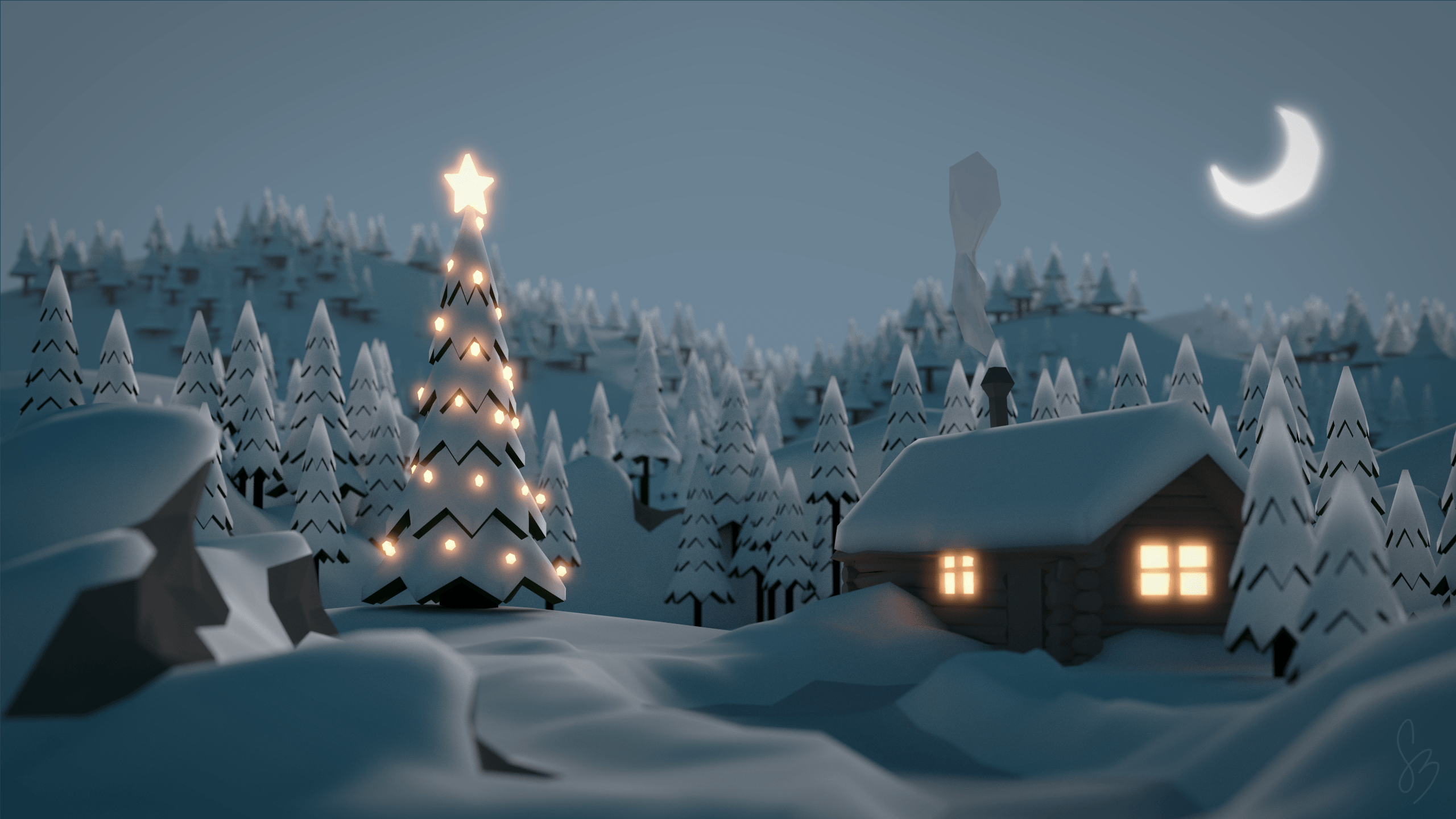 villaggio innevato con abete illuminato, 2560x1440 QHD, Laptop