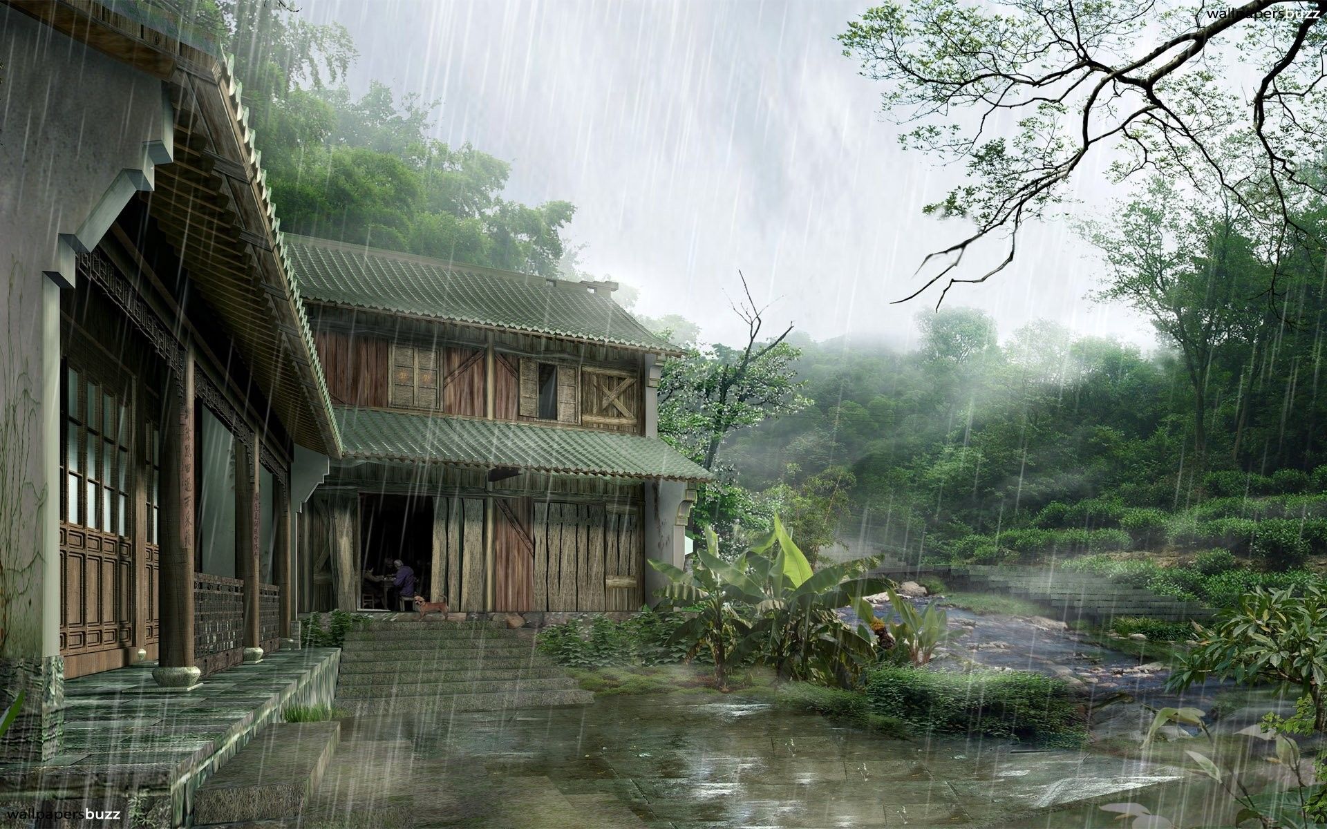 casa cinese sotto la pioggia, 1920x1200 Full HD+, PC Desktop