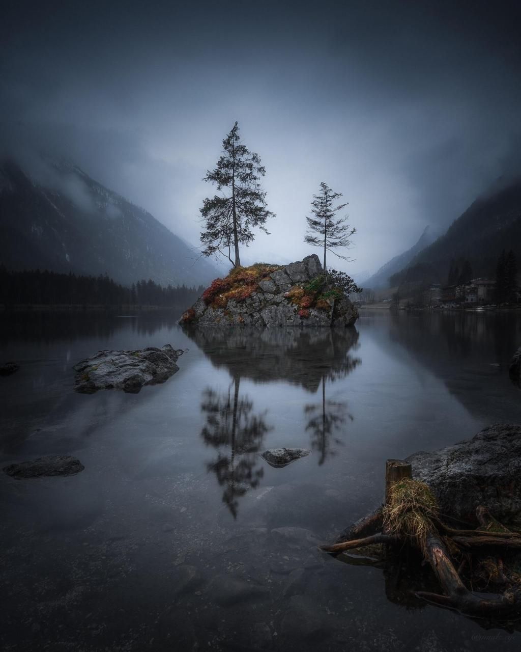 Isolotto con alberi, lago nebbioso, 1024x1280 Verticale, Telefono