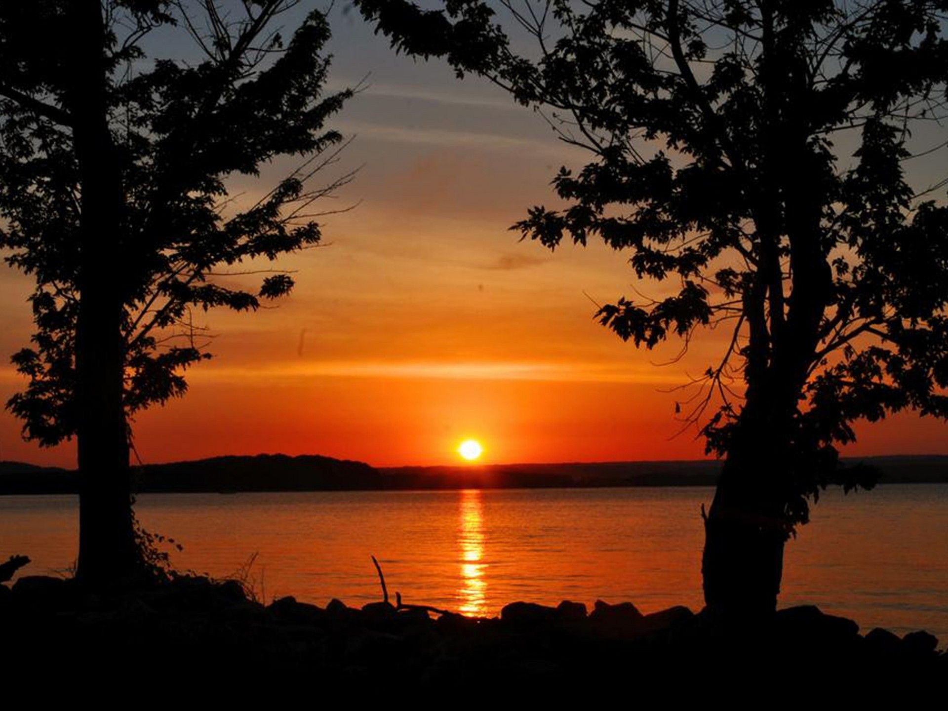 Alba sul lago con alberi, 1920x1440 Full HD+, Desktop