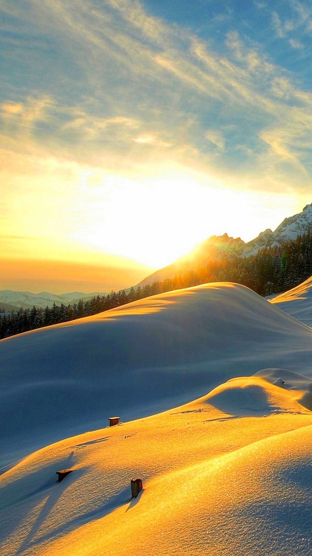Tramonto sole neve montagna, 1080x1920 Verticale, Mobile