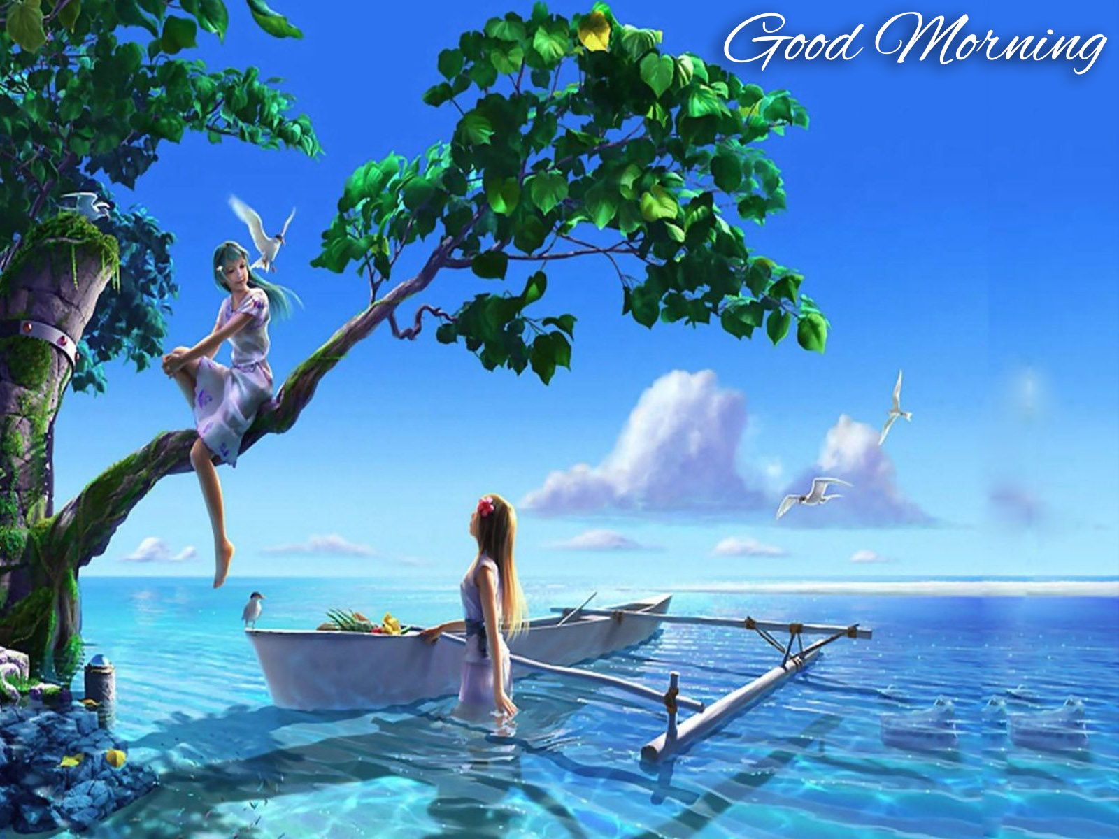 Fata sull'albero, mare tropicale, 1600x1200 HD Ready, Desktop