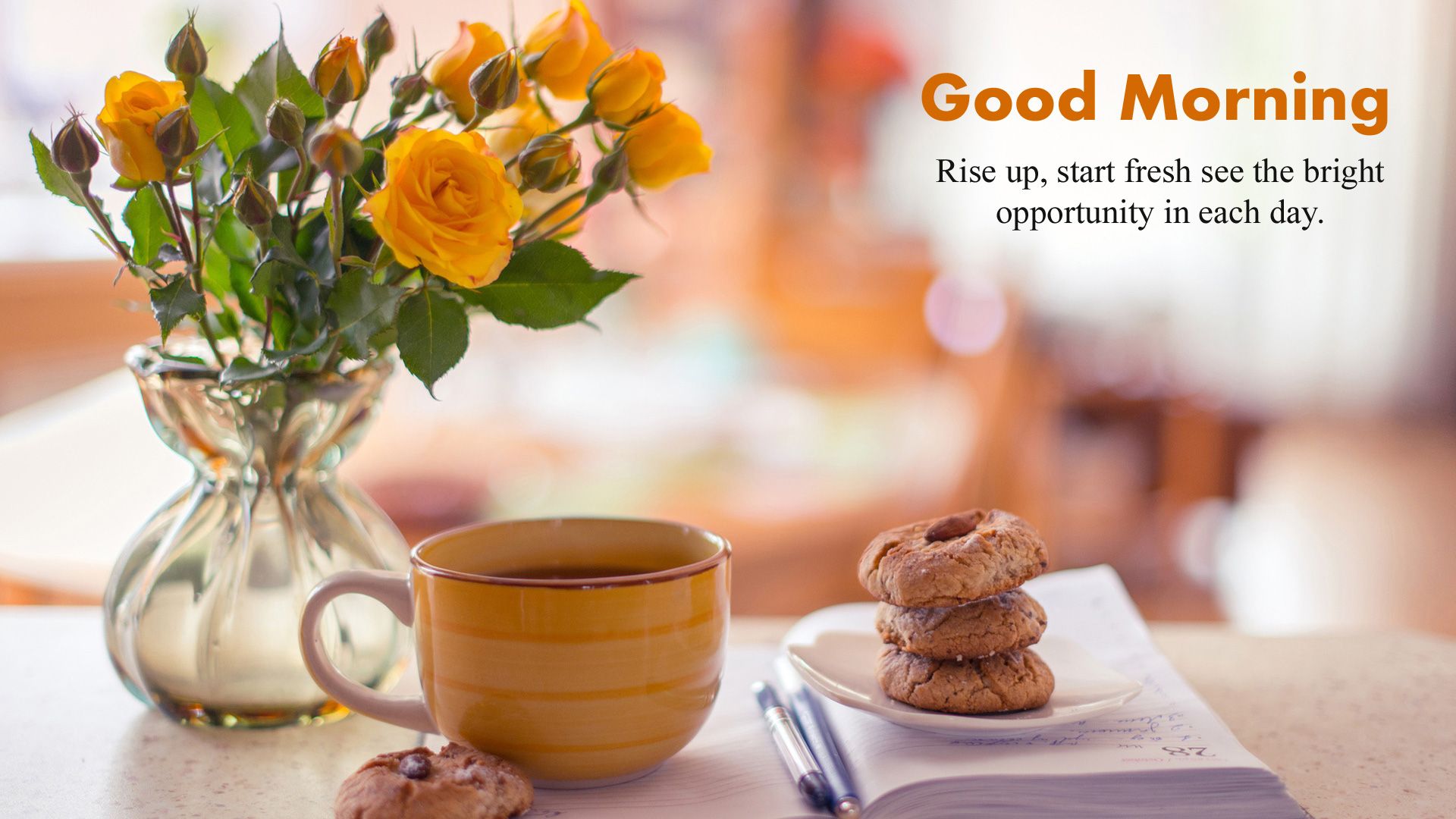 Rose gialle, tazza caffè, biscotti, 1920x1080 1080p, PC Desktop