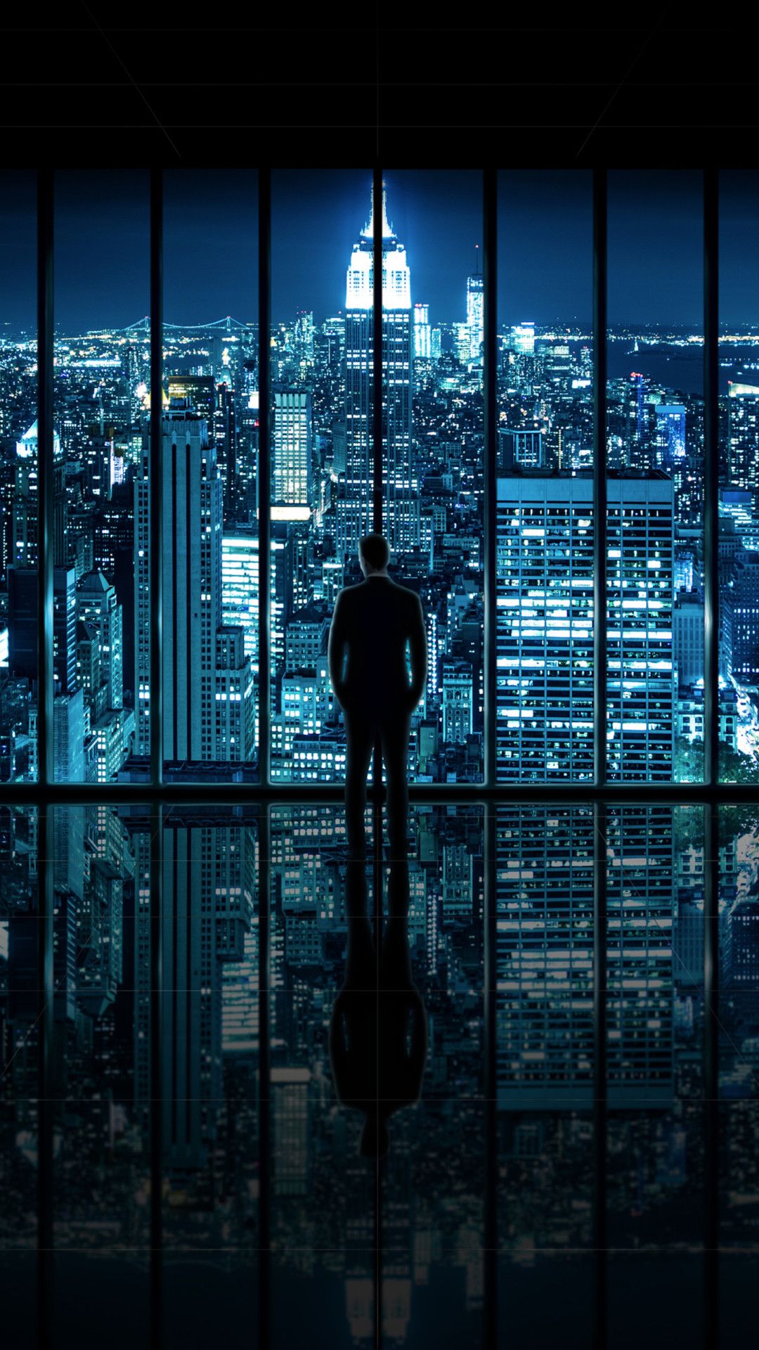 Uomo silhouette finestra città notte, 1080x1920 Verticale, Mobile