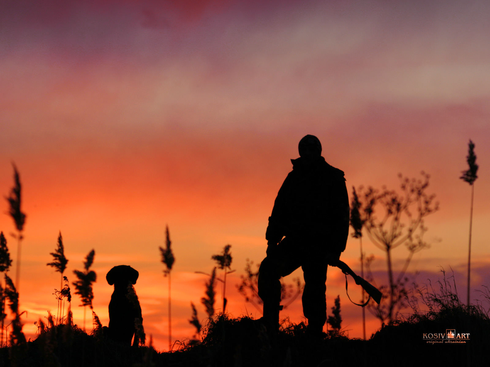 Cacciatore e cane al tramonto, 1600x1200 HD, PC