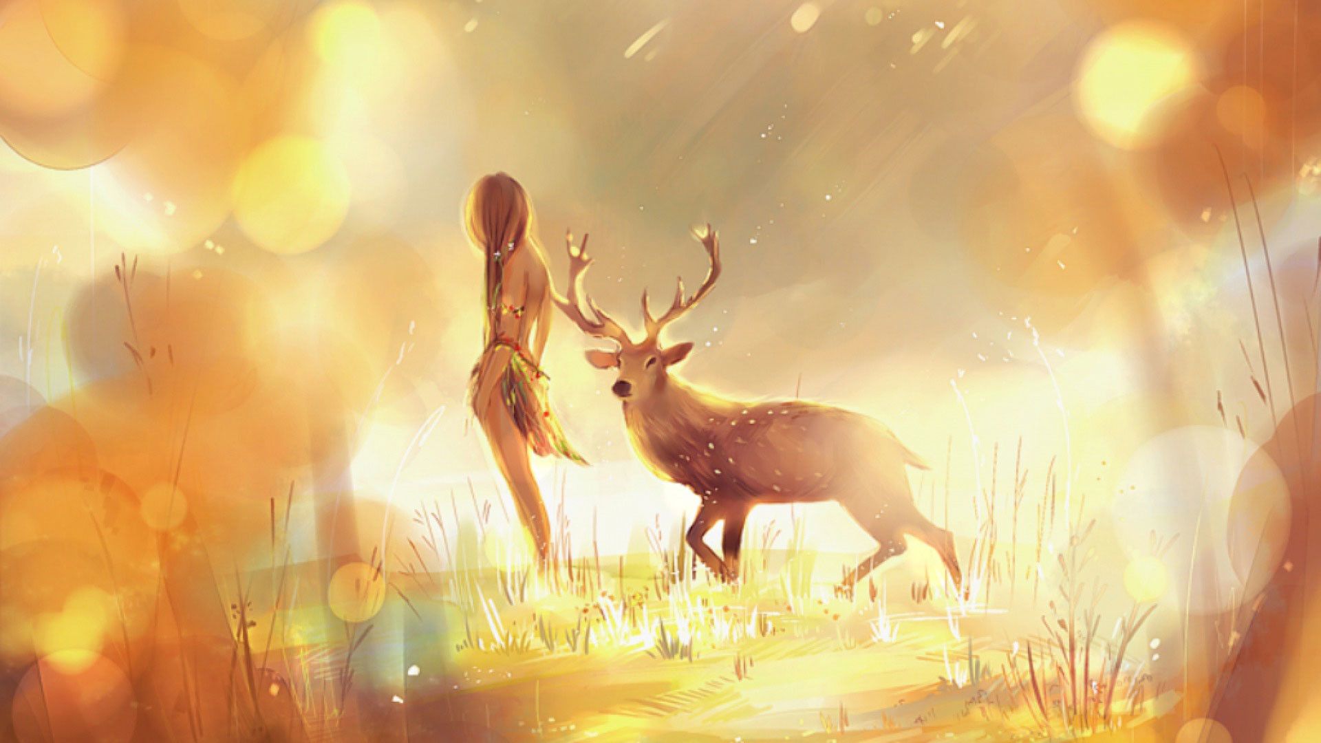 Donna e cervo in campo dorato, 1920x1080 Full HD 1080p, Dell XPS