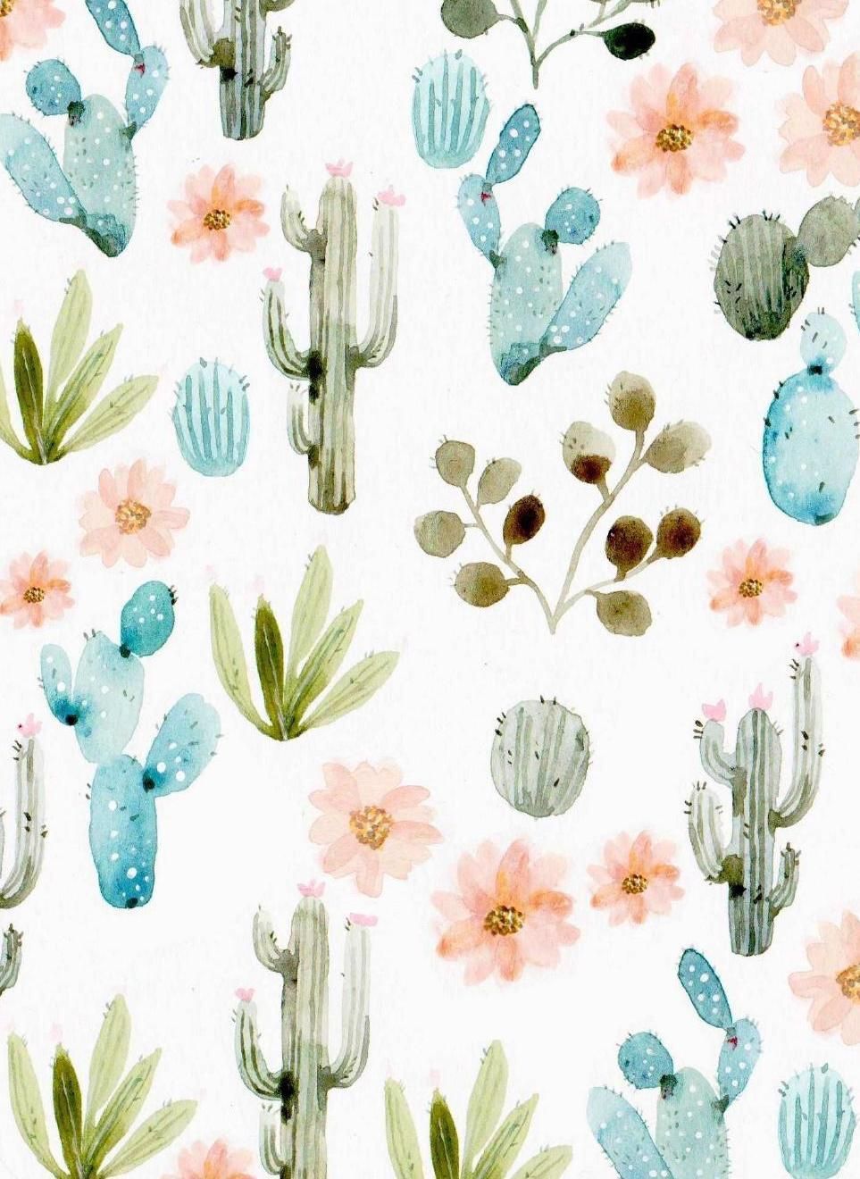 Cactus acquerello e fiori, 963x1320 Verticale, Telefono