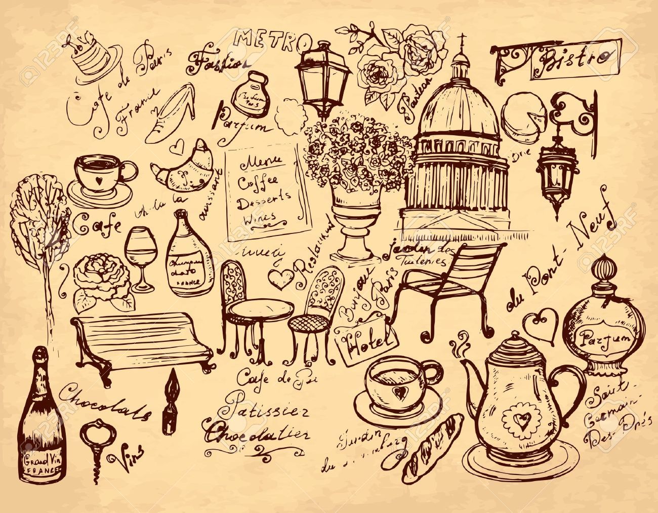 Illustrazione vintage caffè parigino seppia, 1300x1013 720p, Lenovo Legion