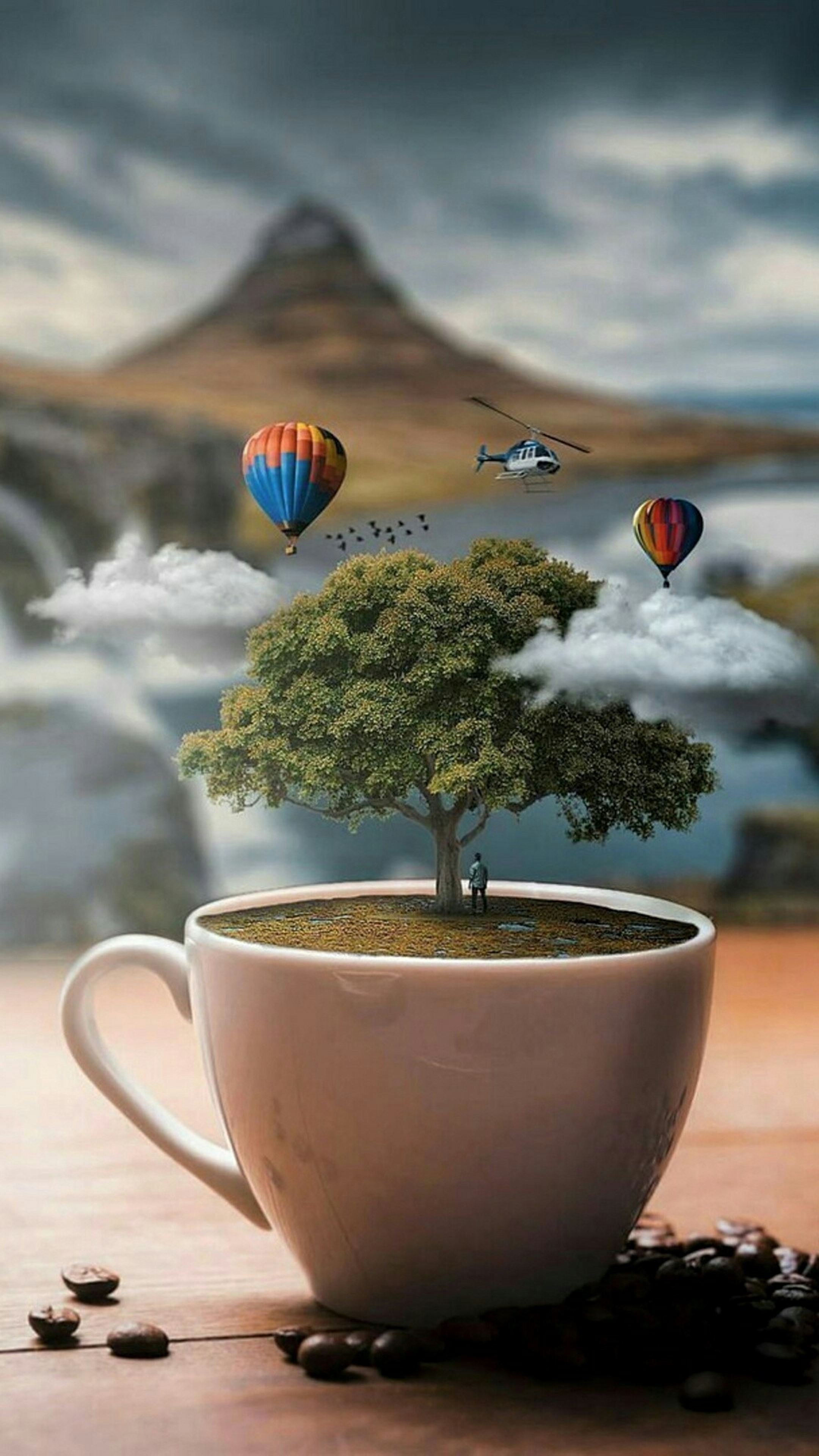 Tazza caffè con albero e mongolfiere, 2160x3840 Verticale, Mobile