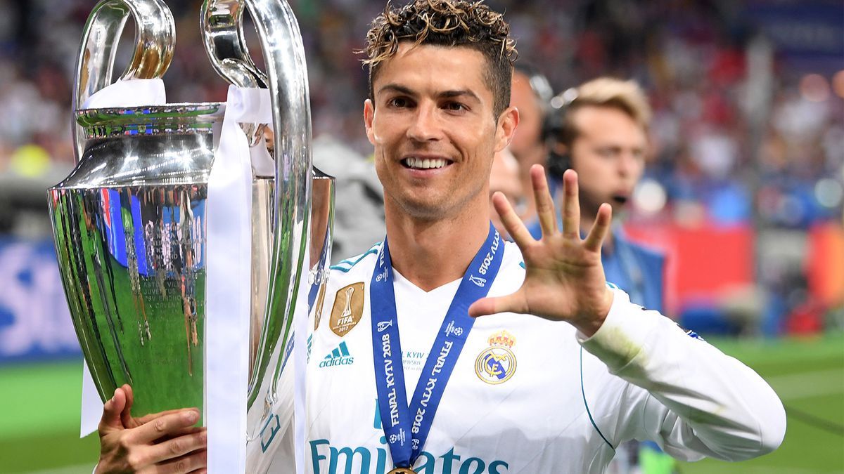 Ronaldo con trofeo Champions League, 1200x675 HD, iMac