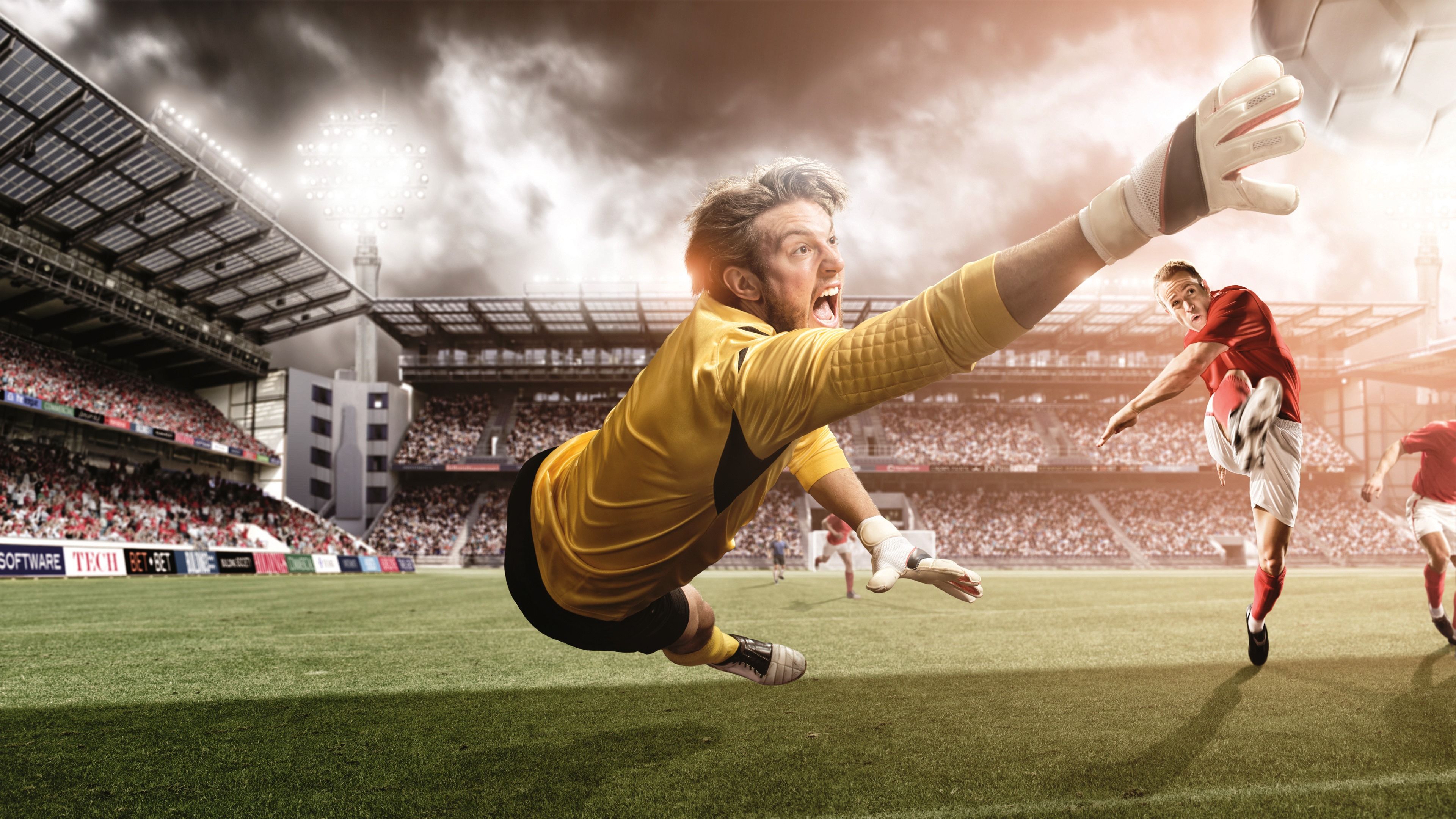 Portiere calcio parata in tuffo, 3840x2160 UHD, PC 4K