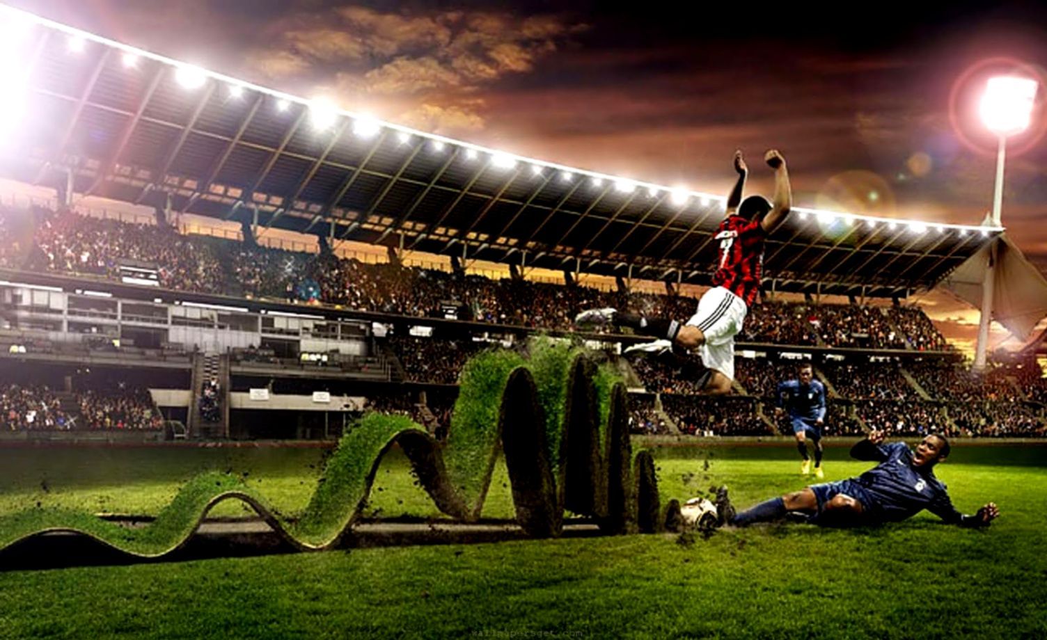 Calciatore salta erba stadio, 1504x920 720p, PC