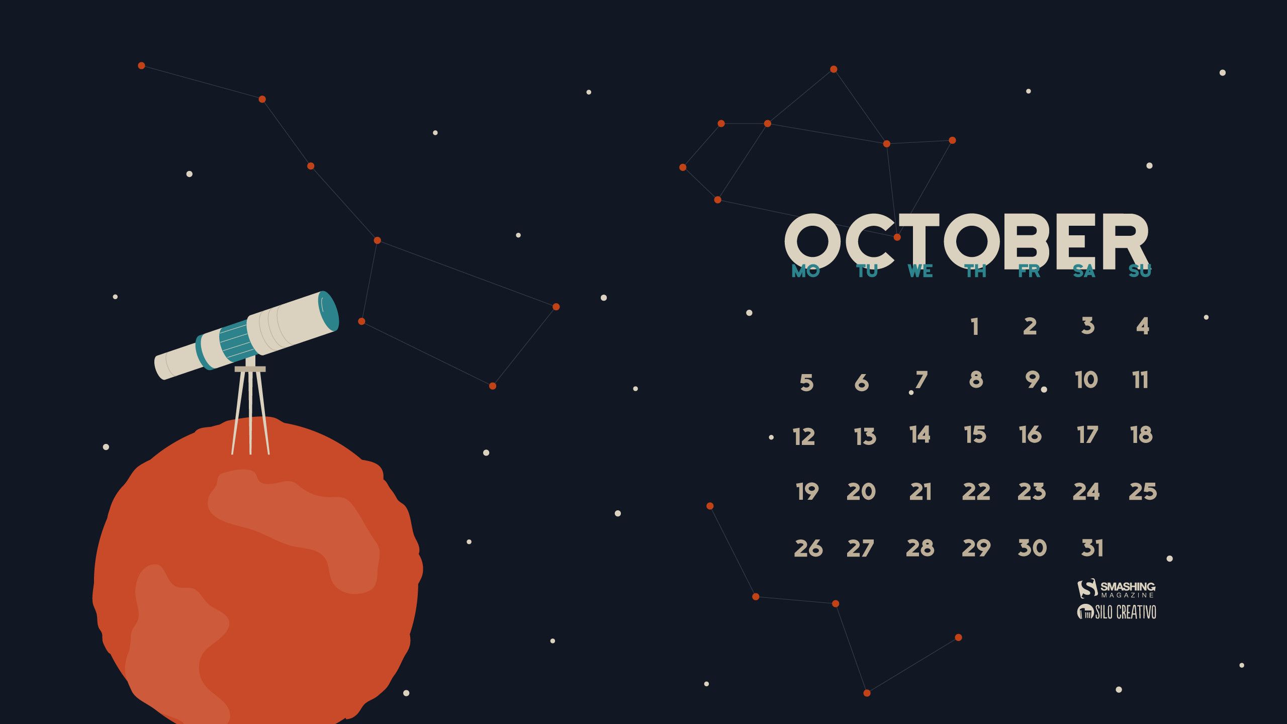 Calendario ottobre pianeta rosso telescopio, 2560x1440 QHD, Laptop