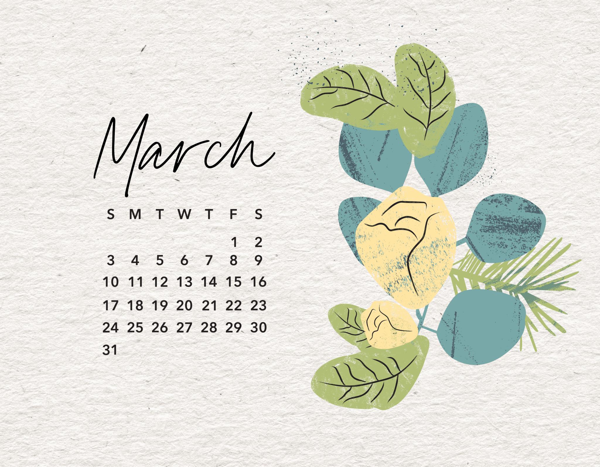 Calendario marzo foglie illustrate, 2048x1594 alta risoluzione, Desktop