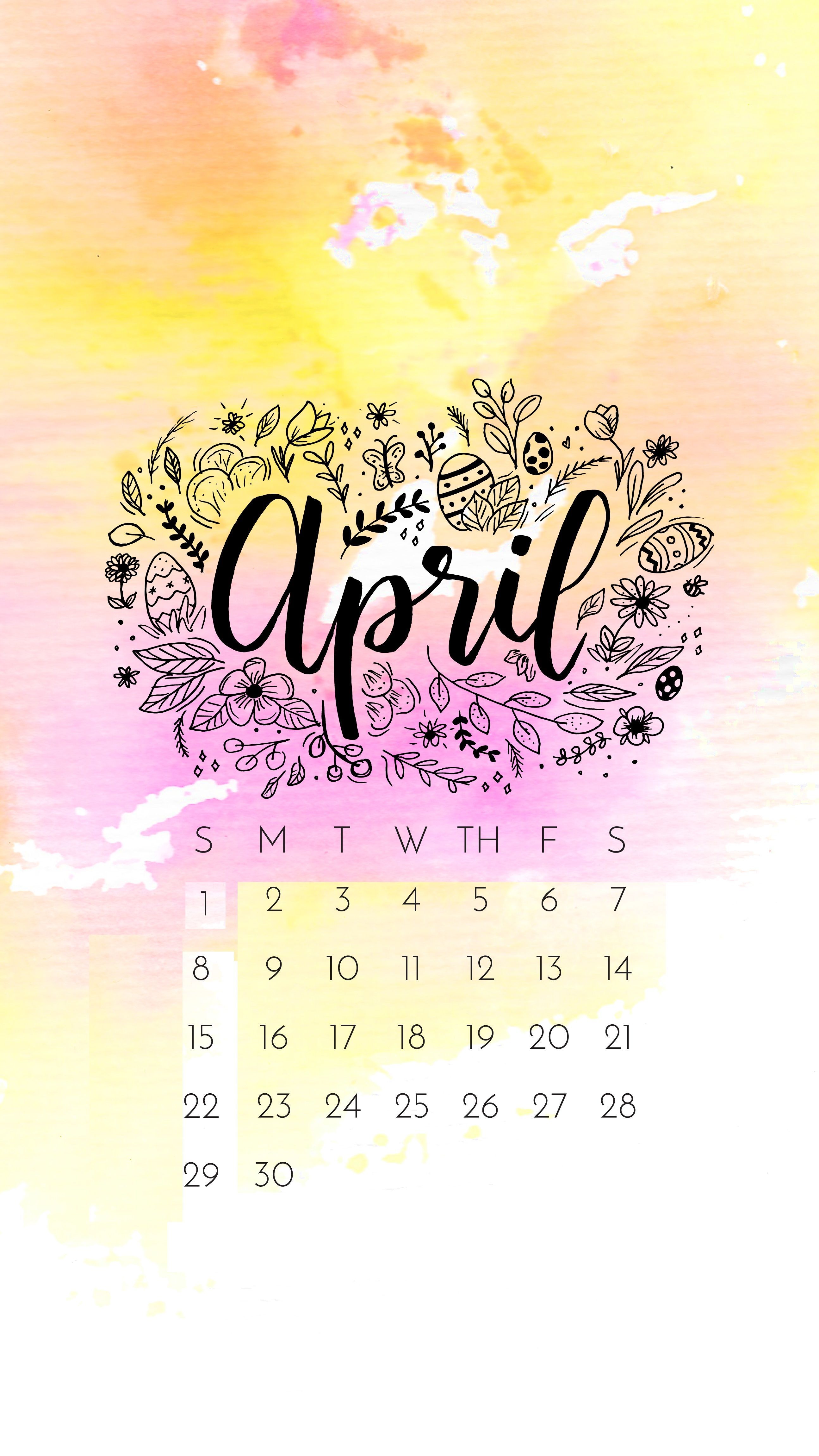 Calendario aprile floreale acquerello, 2589x4601 Full HD Verticale, Smartphone