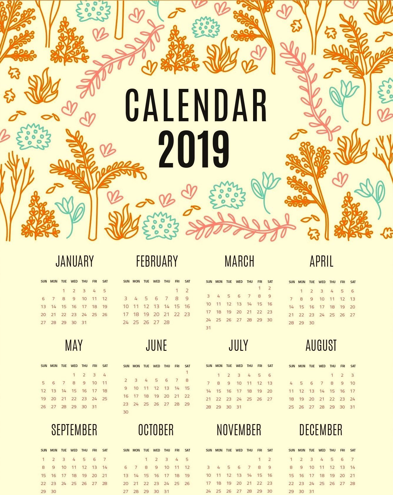 Calendario 2019 floreale pastello, 1337x1682 Full HD Verticale, Smartphone