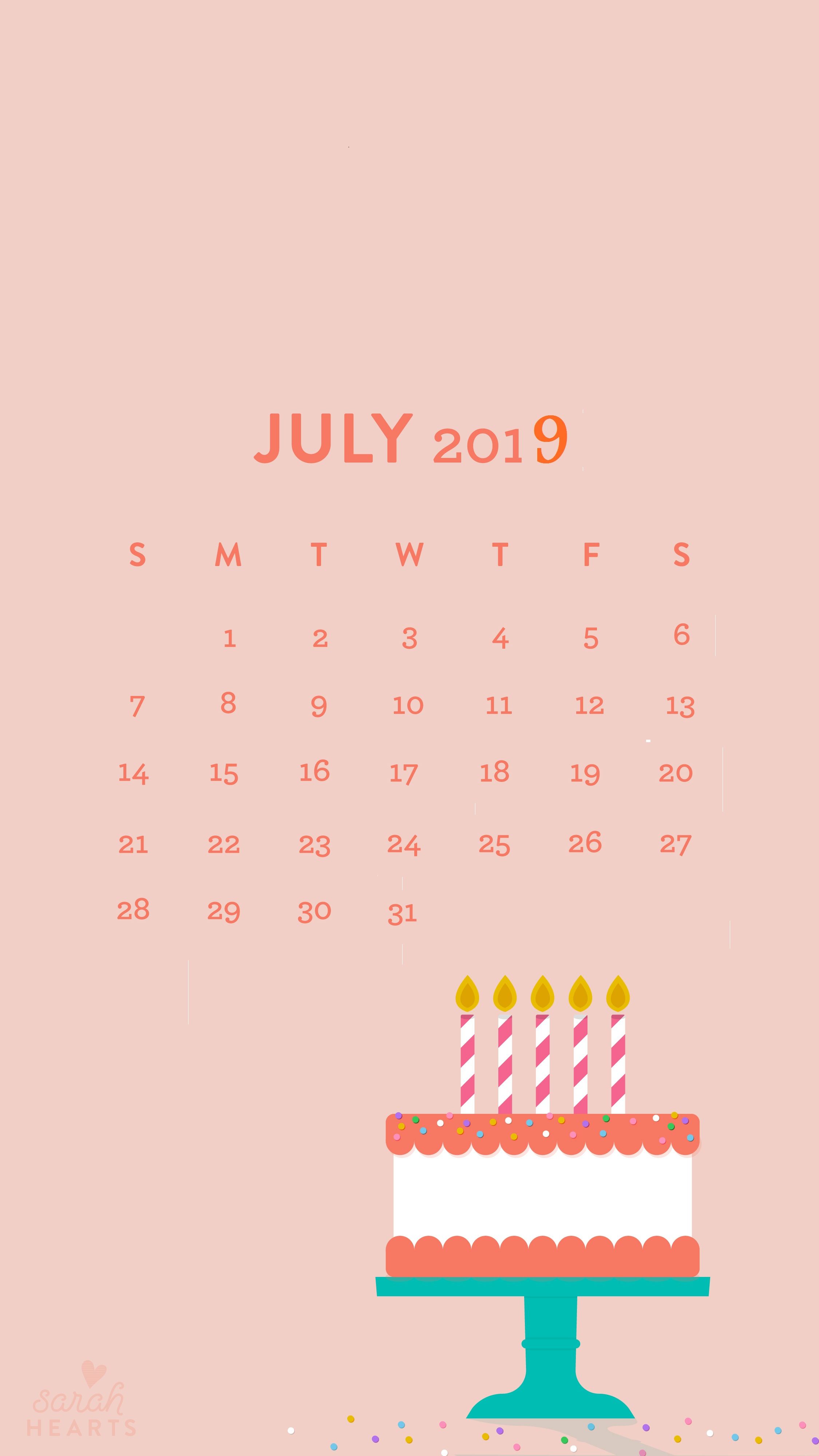 Calendario luglio 2019 torta compleanno, 2250x4000 Verticale, Mobile