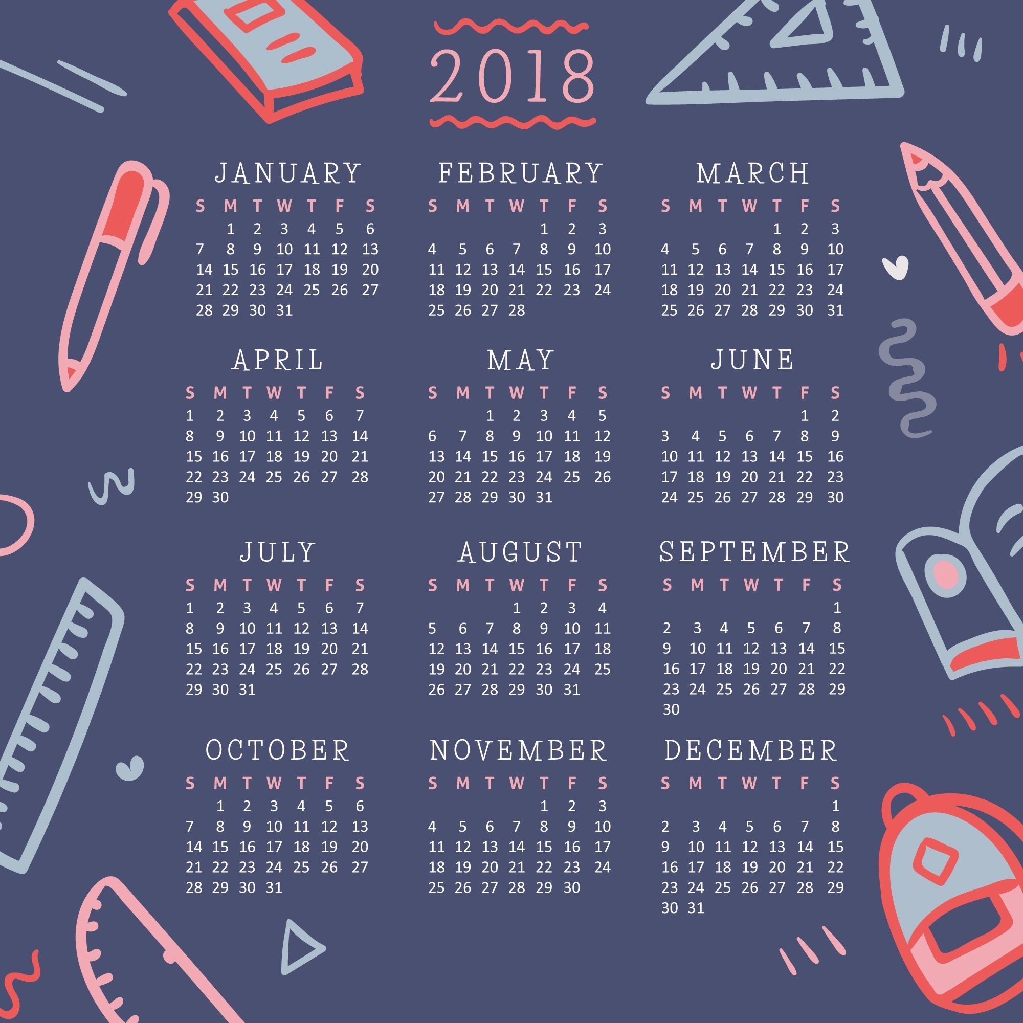 Calendario 2018 scolastico blu, 2000x2000 Hi-Res, Desktop