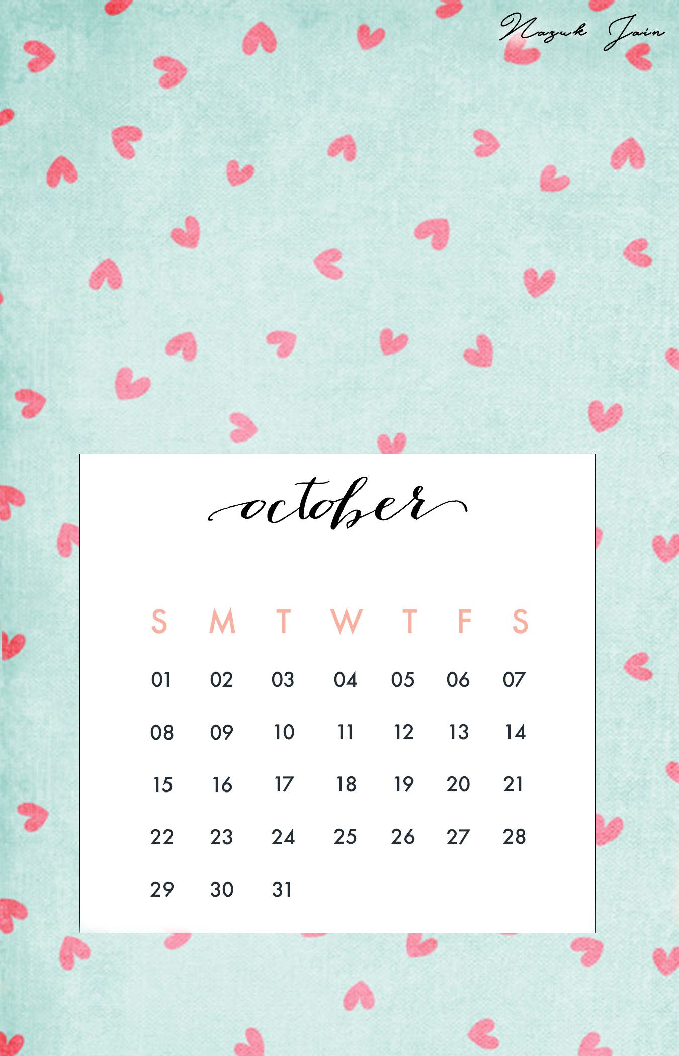 Calendario ottobre cuori rosa, 1350x2100 Verticale, Telefono