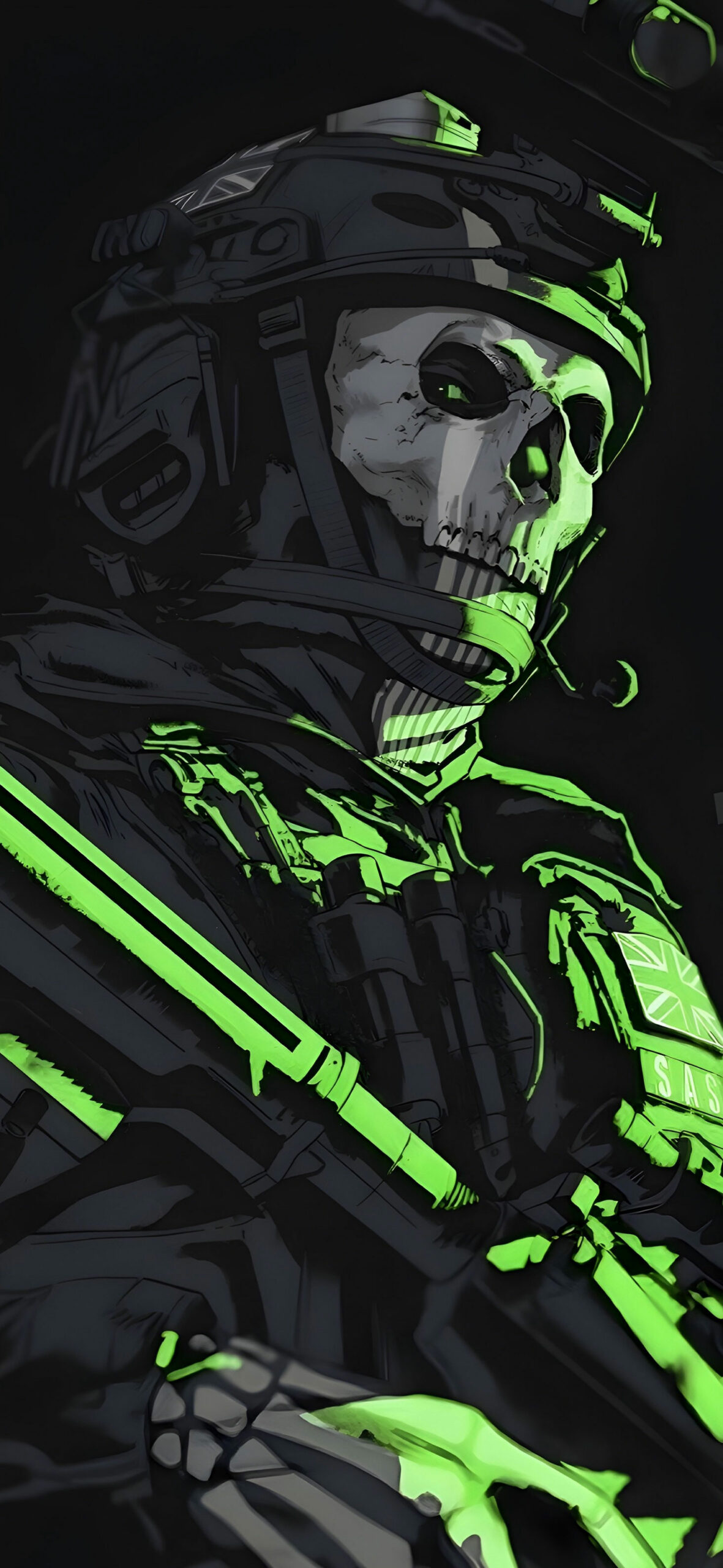 Ghost Call of Duty verde nero, sparatutto FPS, 1181x2560 Verticale, Telefono