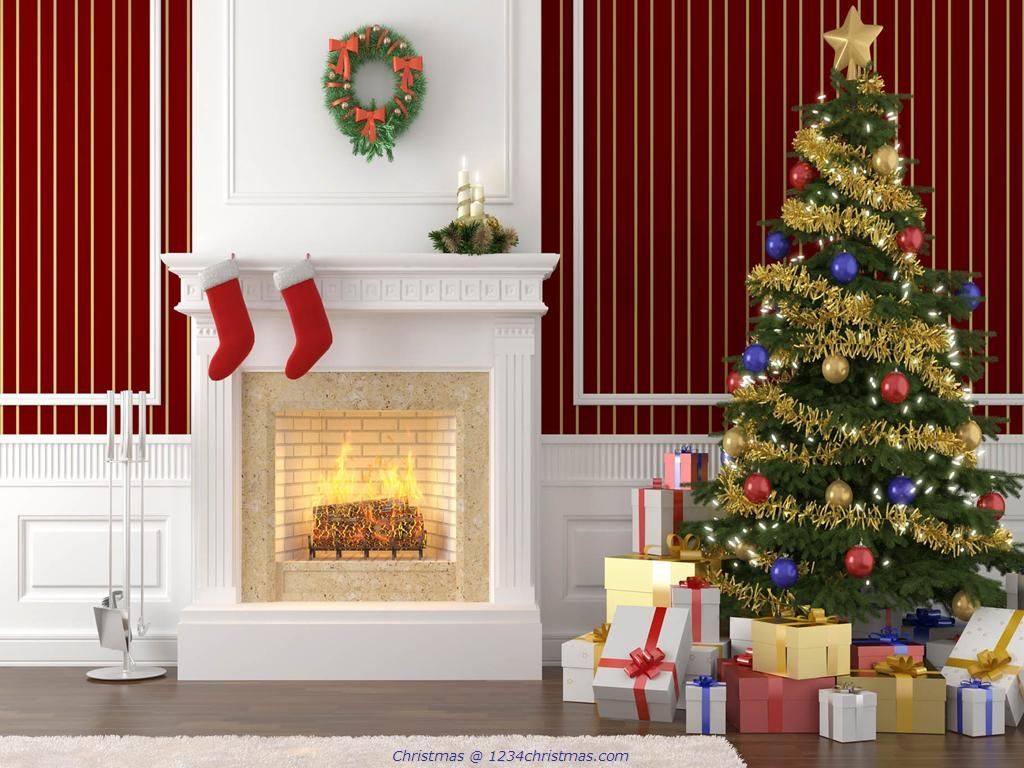 Camino natalizio con albero decorato, 1024x768 HD, iMac