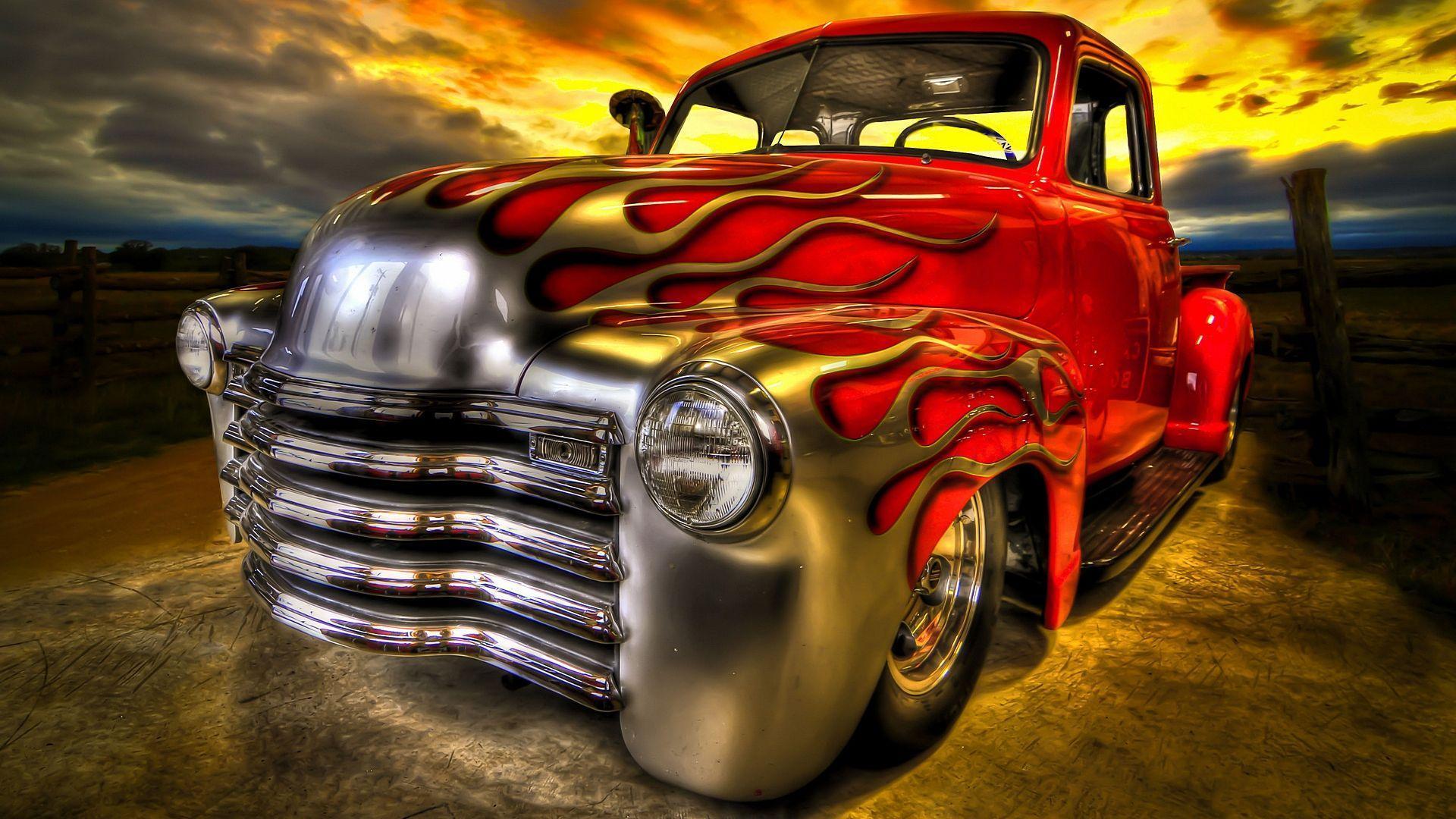 Camion classico rosso con fiamme, 1920x1080 Full HD 1080p, Laptop