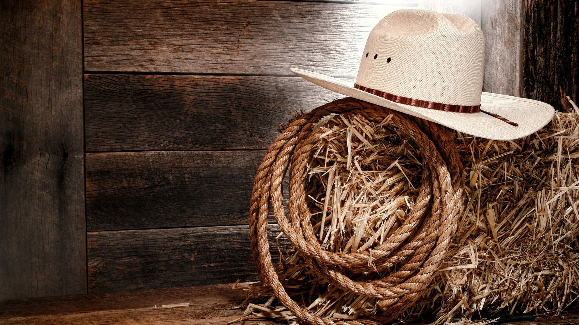 Cappello cowboy su fieno con corda, 1920x1080 1080p, Desktop