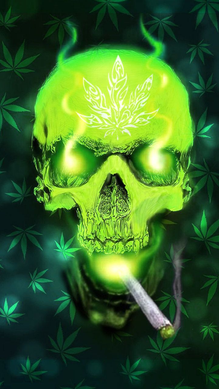 Teschio verde con foglie marijuana, 720x1280 Verticale, Mobile