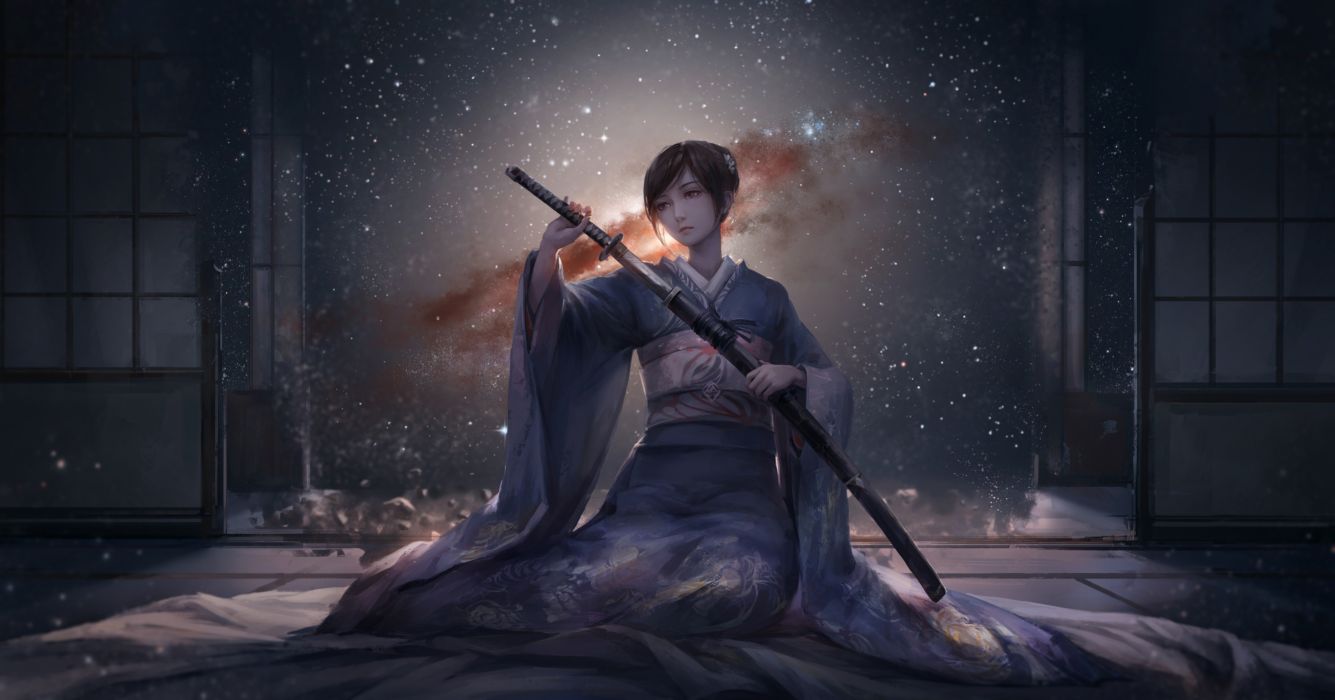 Ragazza in kimono con katana, 1335x700 HD, Desktop