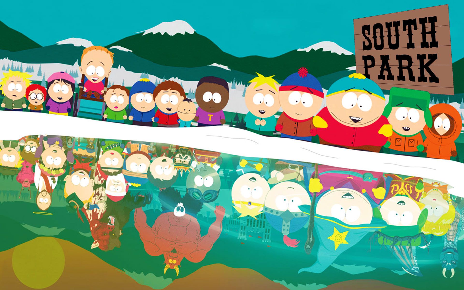 South Park personaggi riflesso lago, 1920x1200 Full HD+, PC