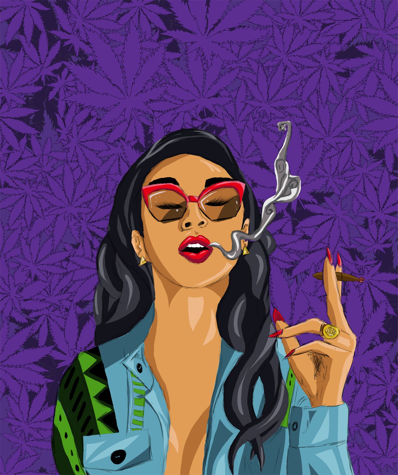 Ragazza cartoon fuma canna, 1366x1632 Verticale, Telefono
