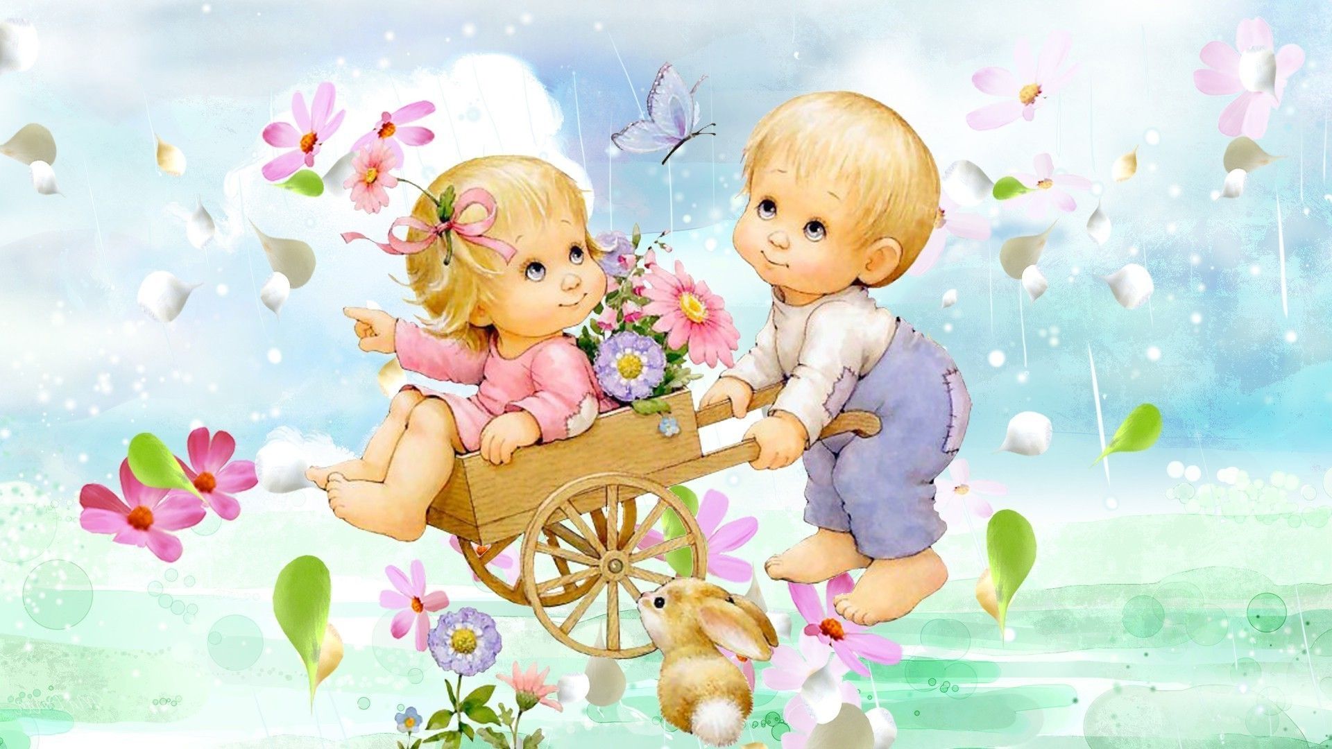 Bambini cartone con carriola fiori, 1920x1080 Full HD 1080p, Desktop